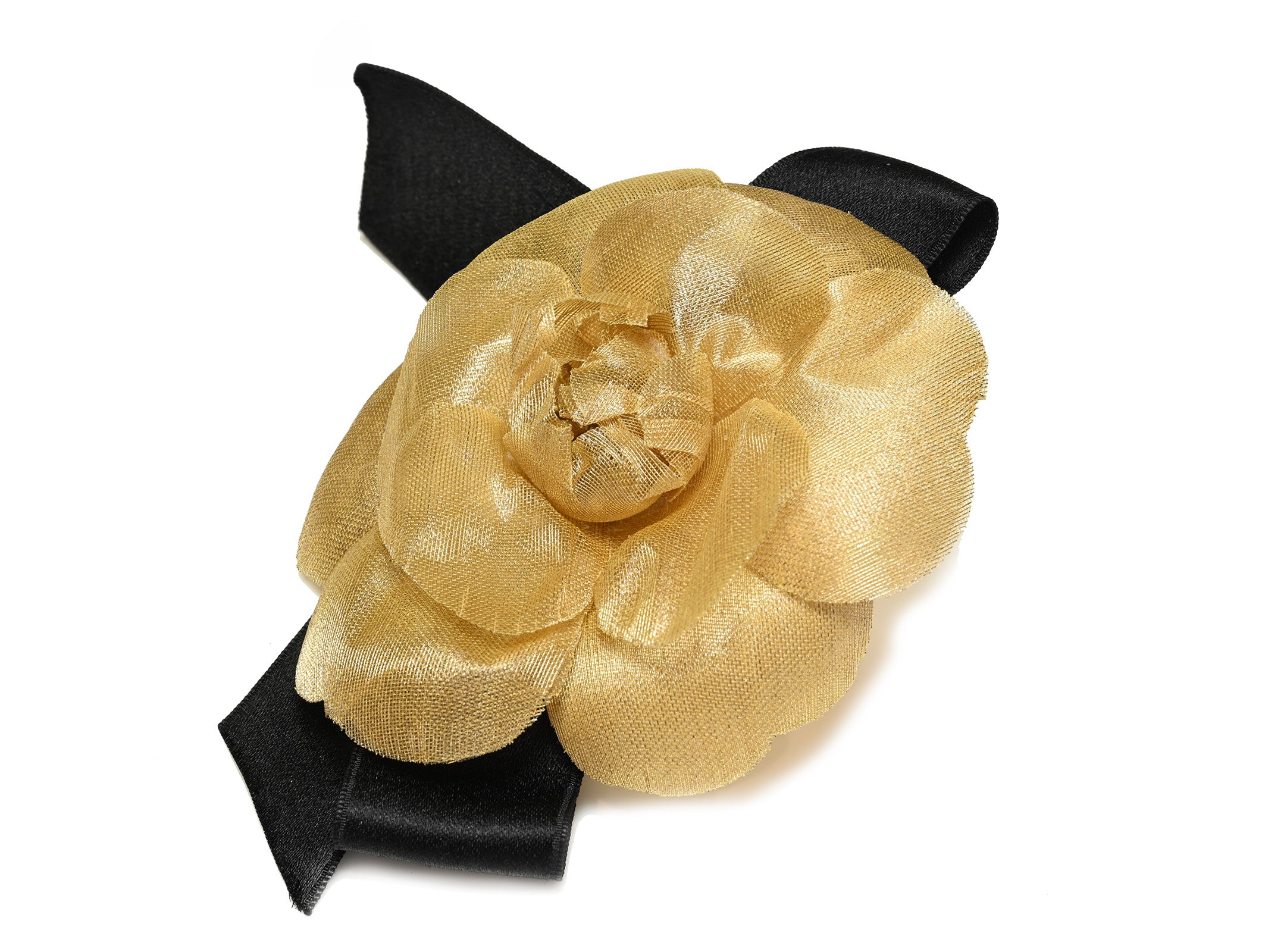 希少✨CHANEL Camellia Vintage Gold Brooch Vintage Chanel Paris Gold Silk Black Bow Camellia Flower Brooch