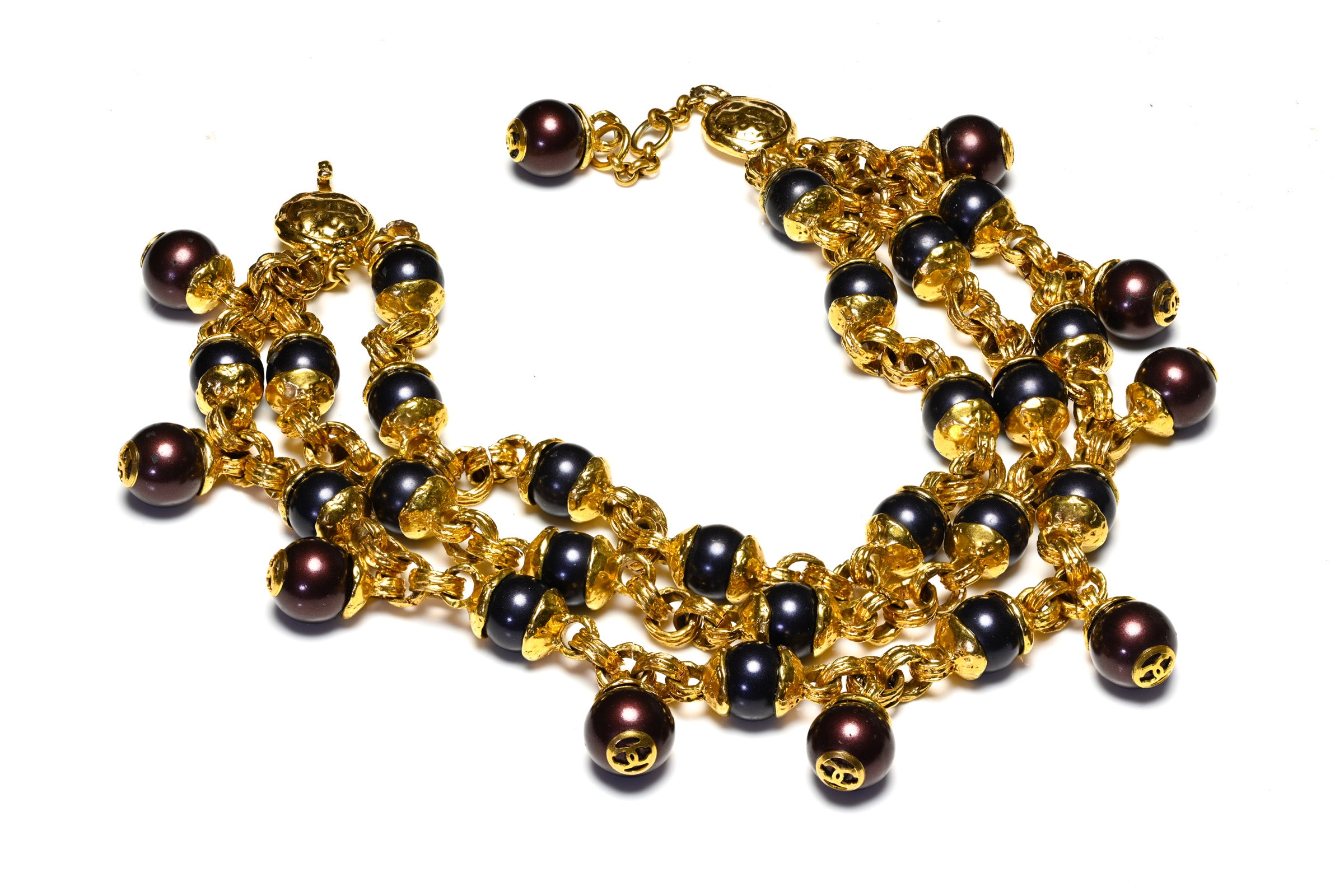 Vintage Chanel Paris Goossens CC Blue Brown Pearl Collar Necklace 1