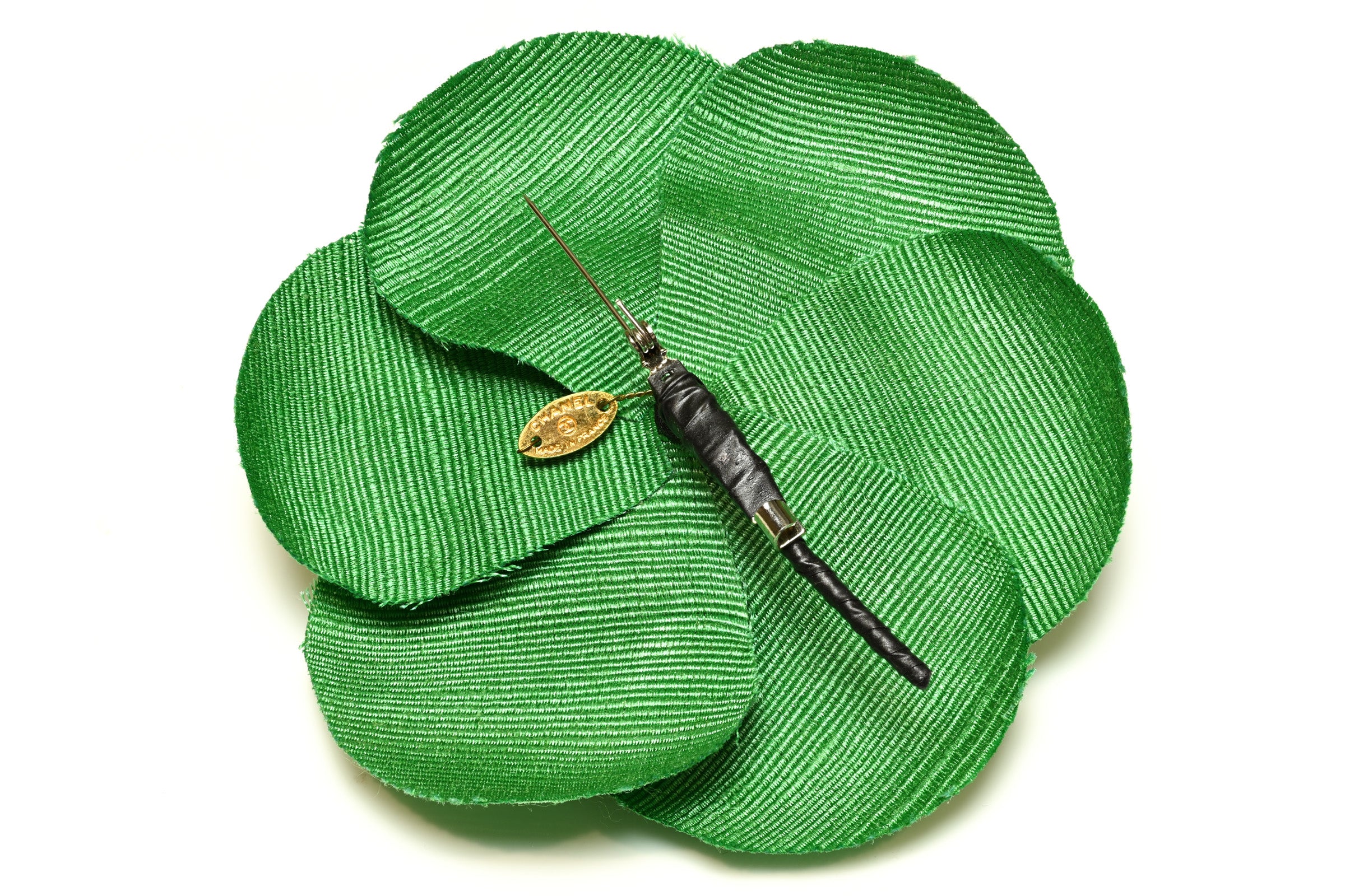 Vintage Chanel Paris Green Silk Camellia Flower Brooch 2