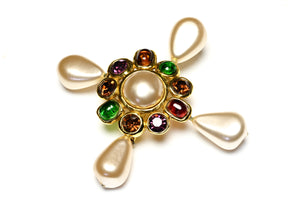 Vintage Chanel Paris Gripoix Glass Crystal Pearl Cross Brooch
