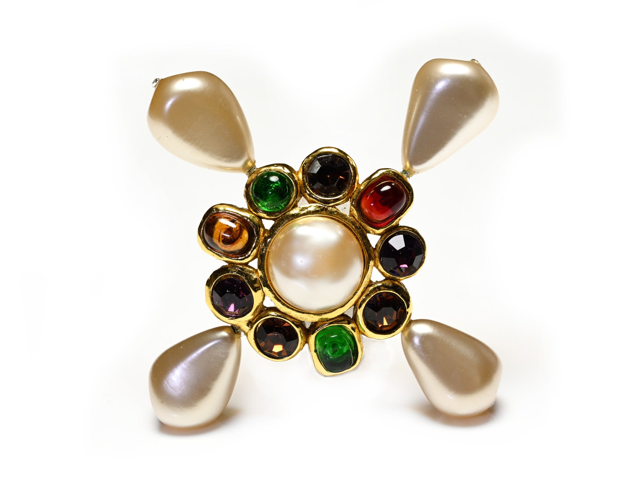 Vintage Chanel Paris Gripoix Glass Crystal Pearl Cross Brooch 1