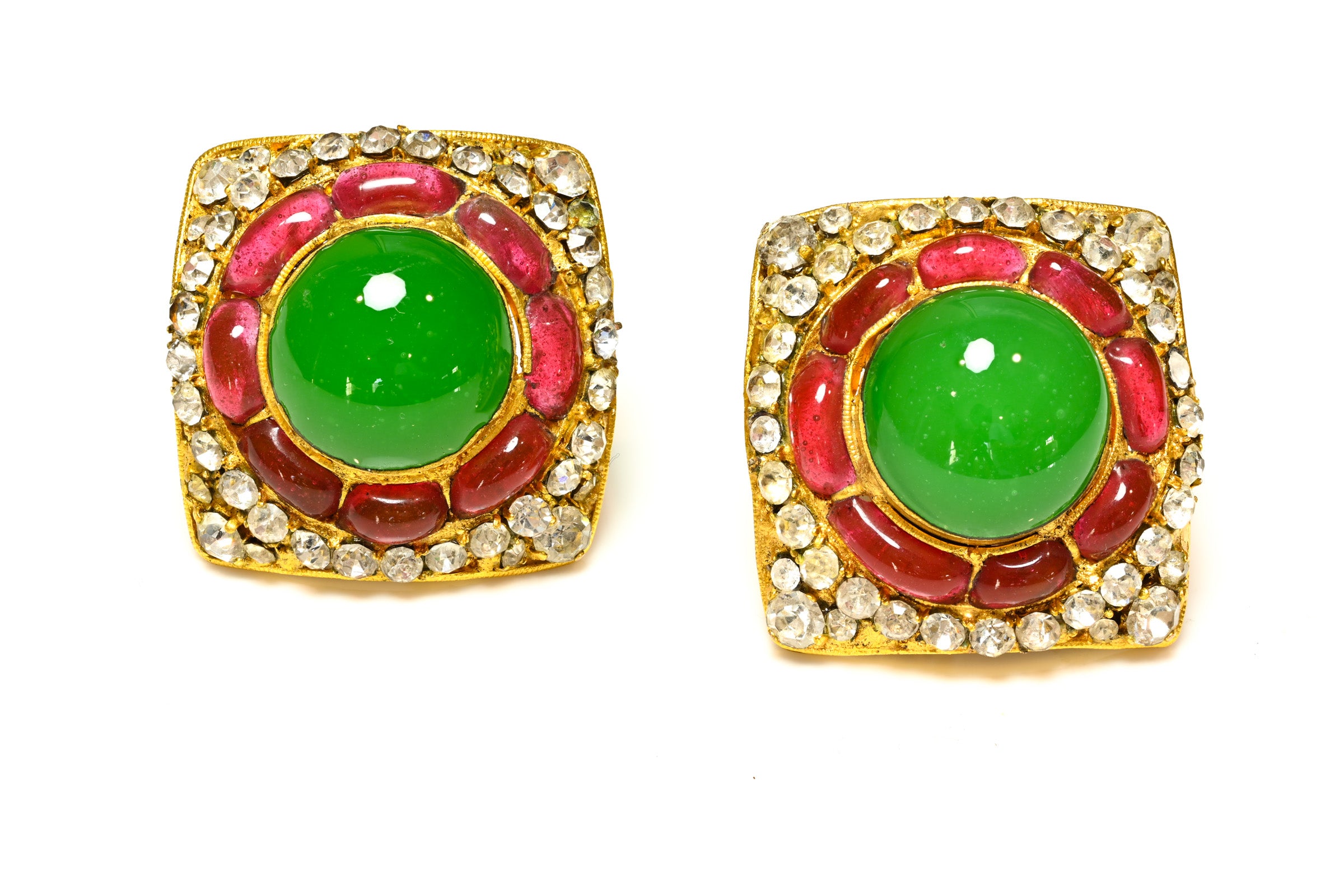 Vintage Chanel Paris Gripoix Green Red Glass Crystal Square Earrings