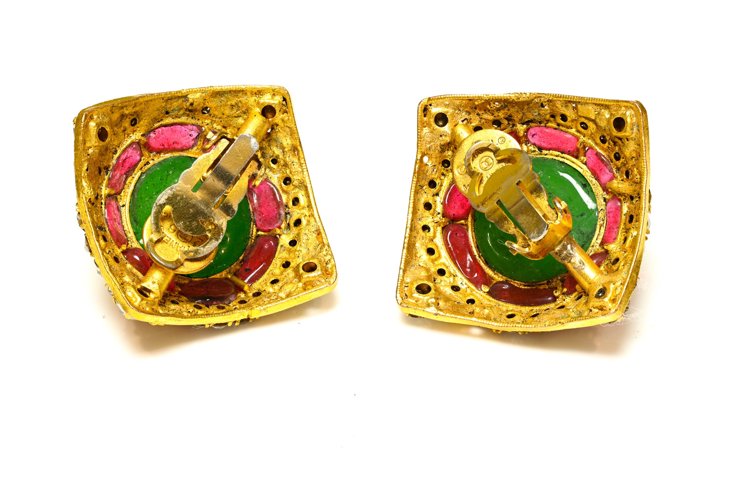 Vintage Chanel Paris Gripoix Green Red Glass Crystal Square Earrings 3