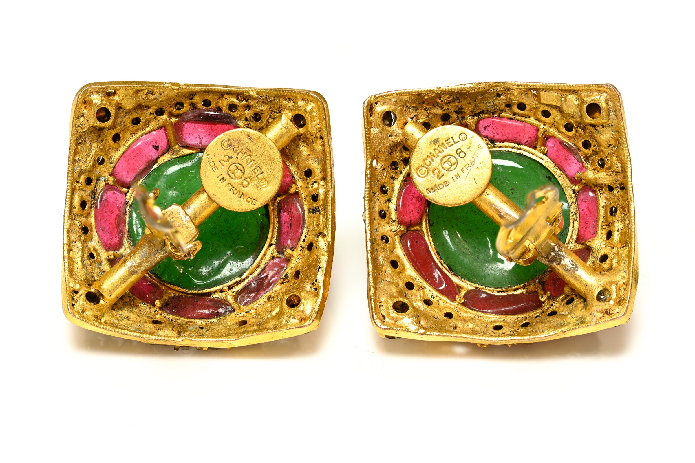 Vintage Chanel Paris Gripoix Green Red Glass Crystal Square Earrings 4