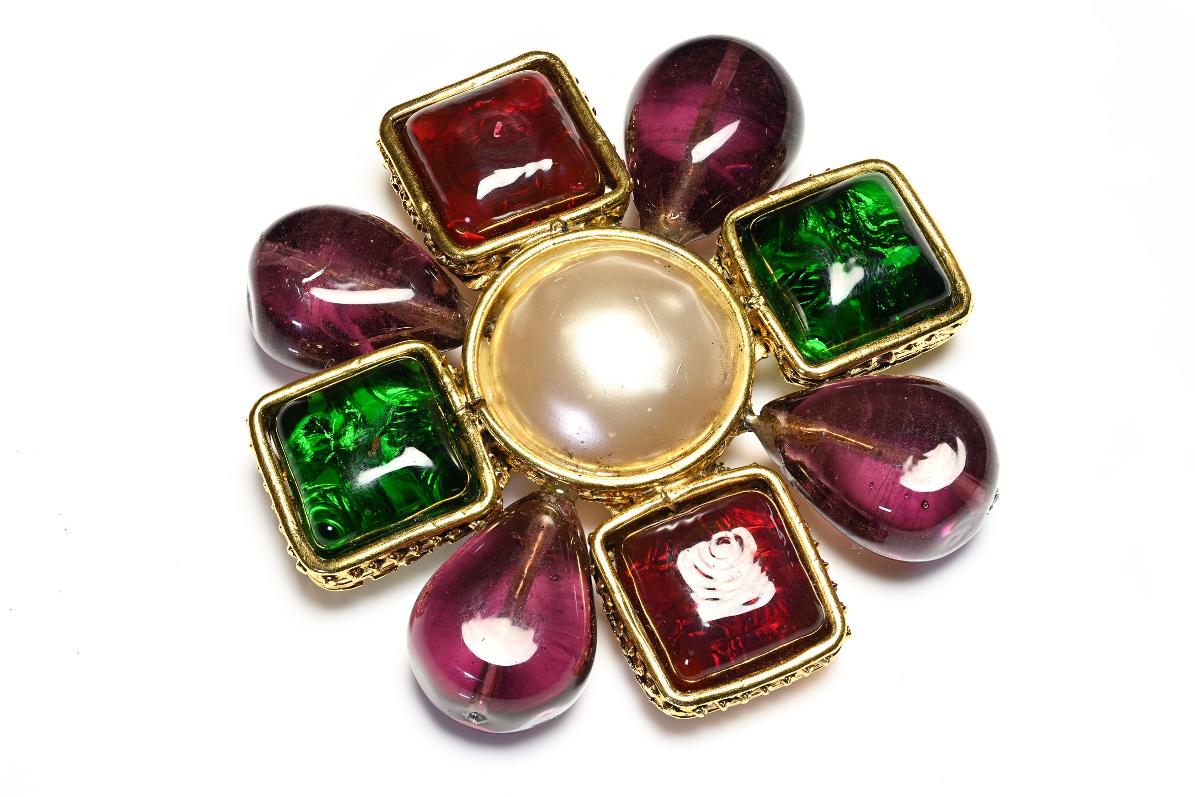 Chanel Paris Maison Gripoix Purple Green Red Glass Pearl Cross Brooc