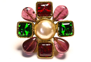 Vintage Chanel Paris Maison Gripoix Purple Green Red Glass Pearl Cross Brooch