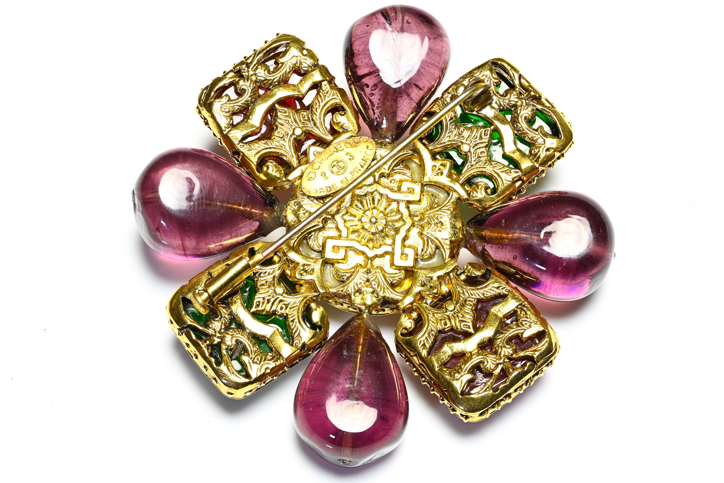 Chanel Paris Maison Gripoix Purple Green Red Glass Cross Brooc