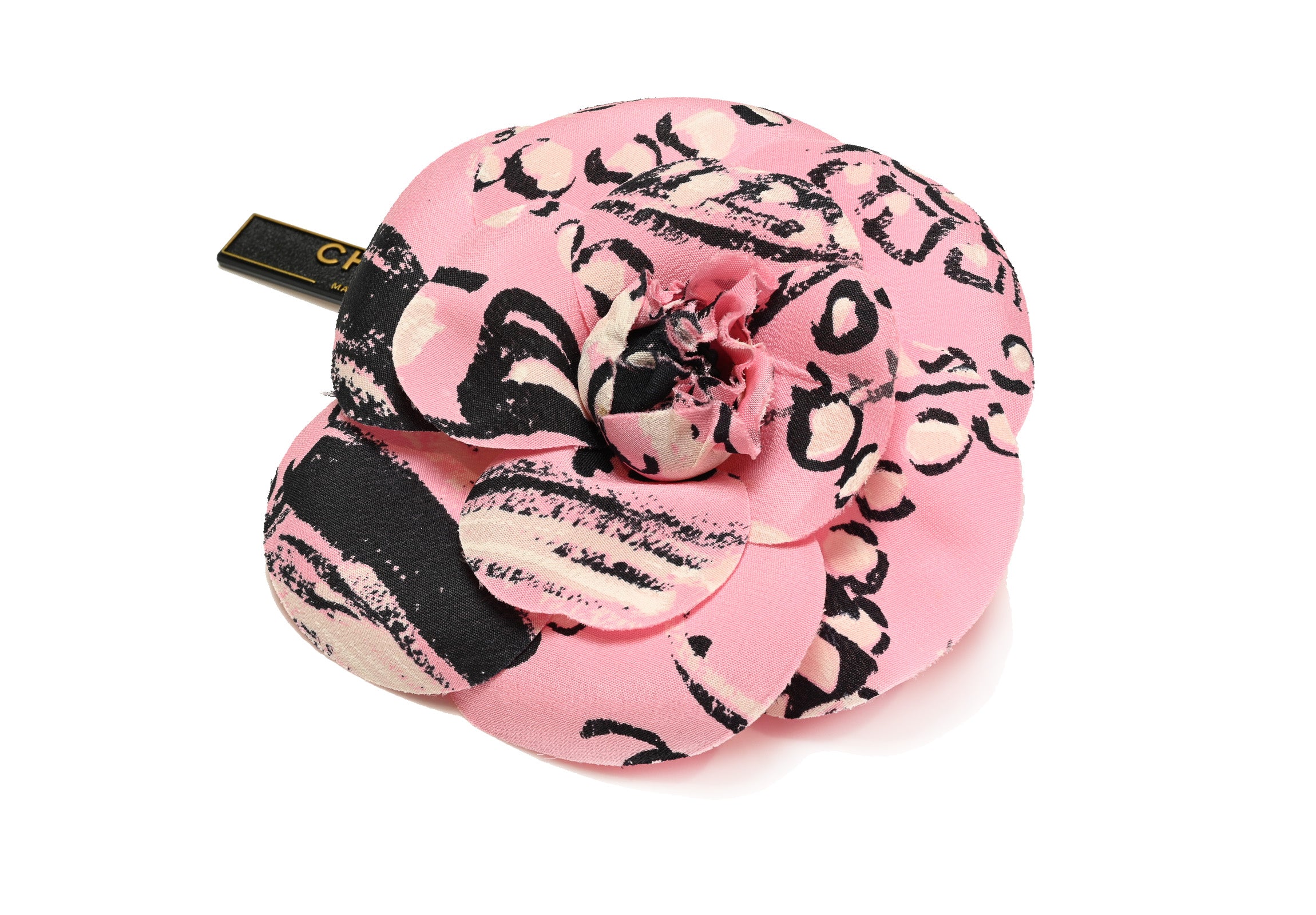 Vintage Chanel Paris Spring 1993 Pink Black Silk Camellia Brooch