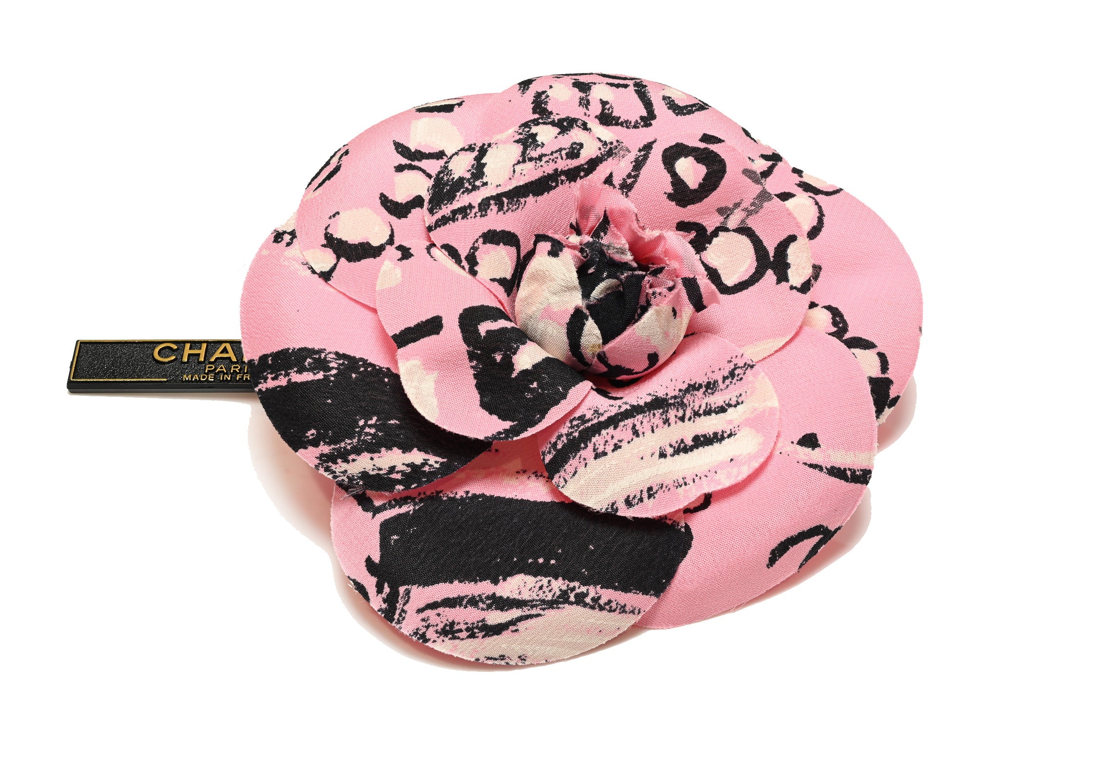 Vintage Chanel Paris Spring 1993 Pink Black Silk Camellia Brooch