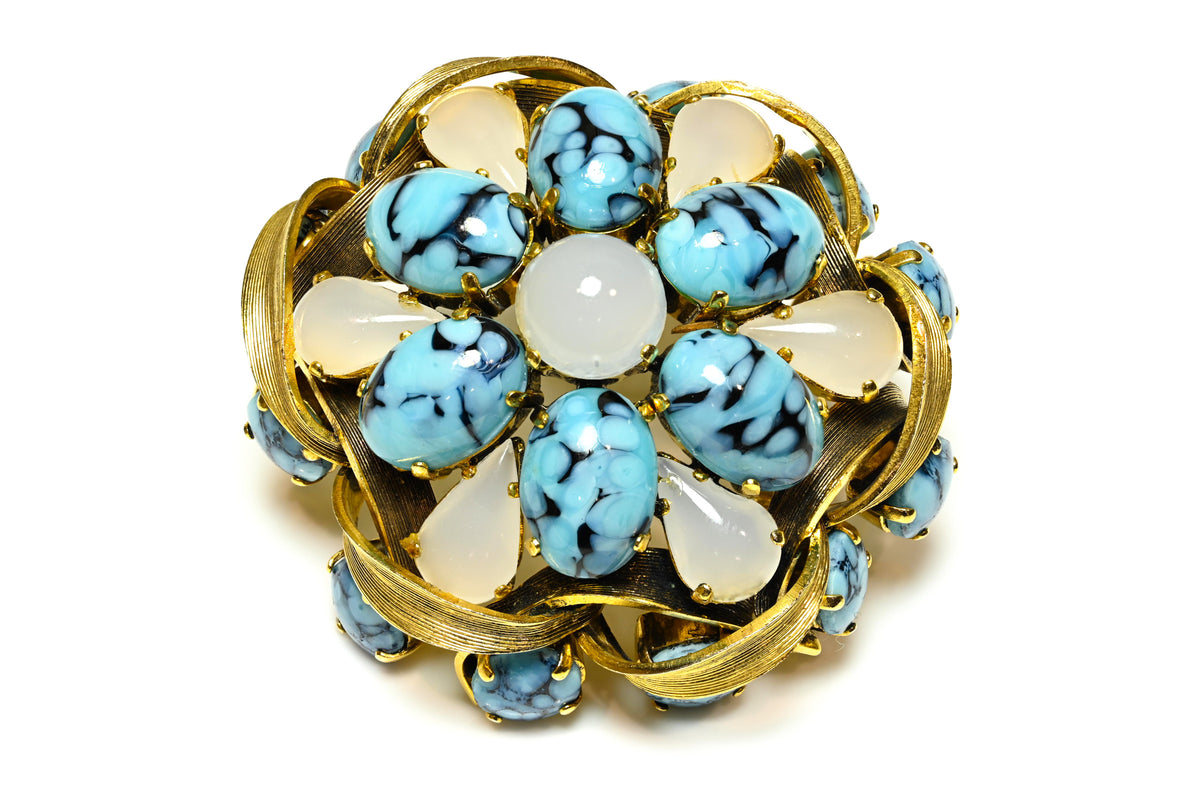 Vintage Christian Dior 1963 Blue Opaline Cabochon Flower Brooch