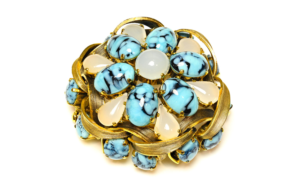 Vintage Christian Dior 1963 Blue Opaline Cabochon Flower Brooch 1