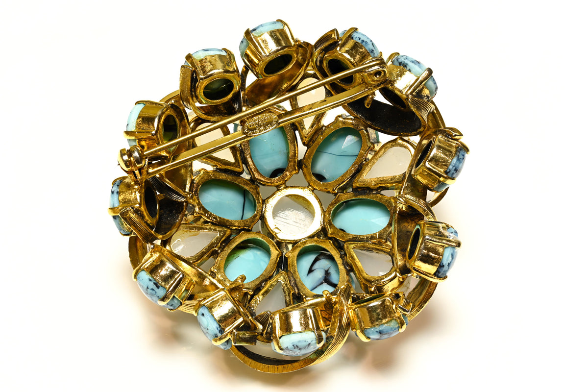 Vintage Christian Dior 1963 Blue Opaline Cabochon Flower Brooch 2