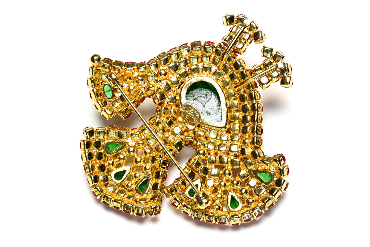 Vintage Christian Dior 1969 Mughal Style Bird Cabochon Glass Brooch 1