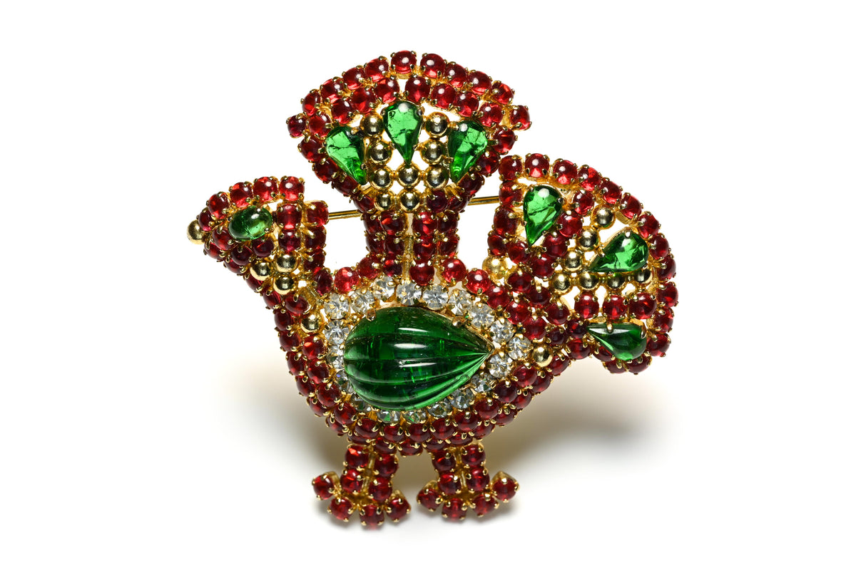 Vintage Christian Dior 1969 Mughal Style Bird Red Cabochon Glass Brooch