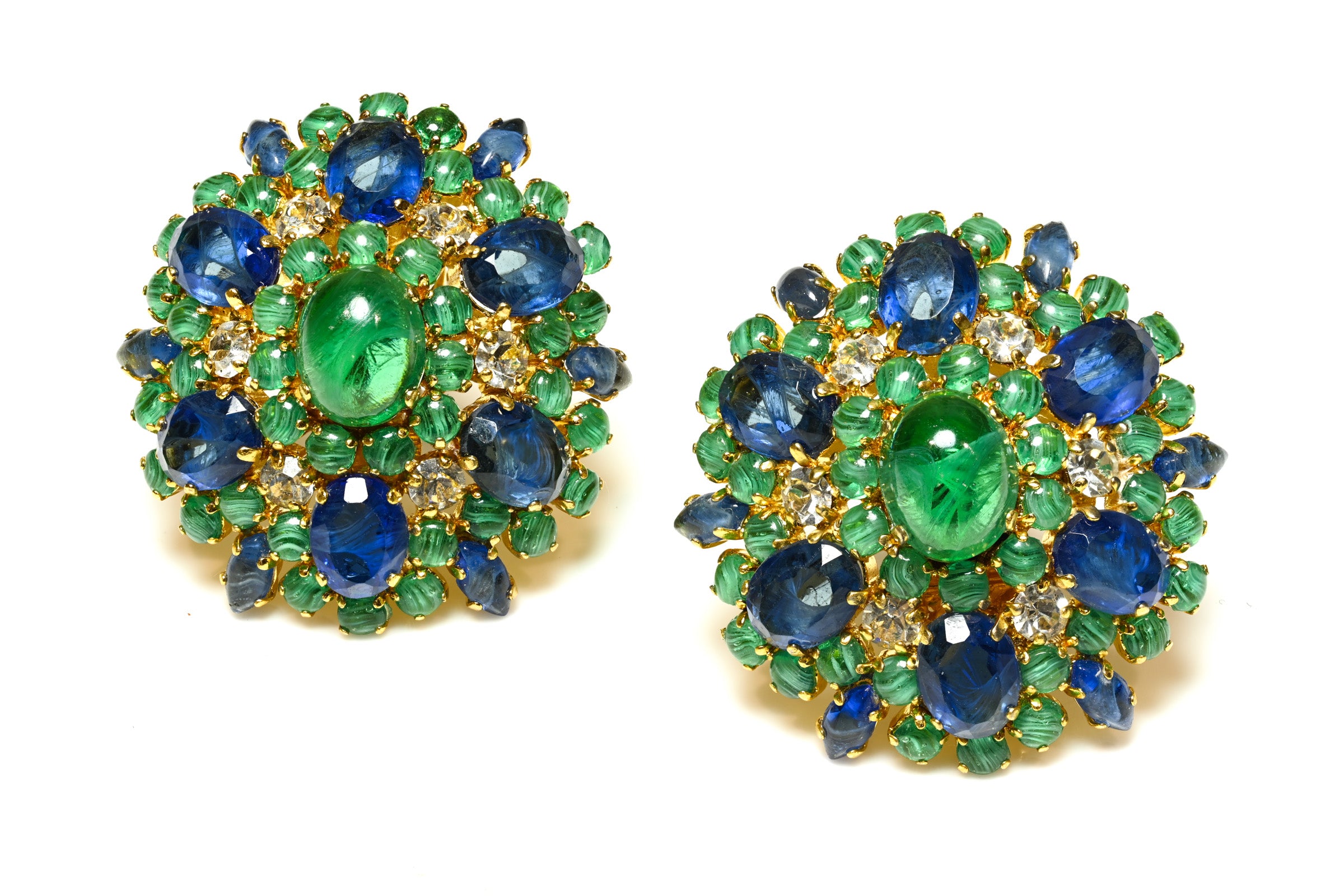 Vintage Christian Dior Paris 1970 Green Blue Cabochon Glass Crystal Earrings