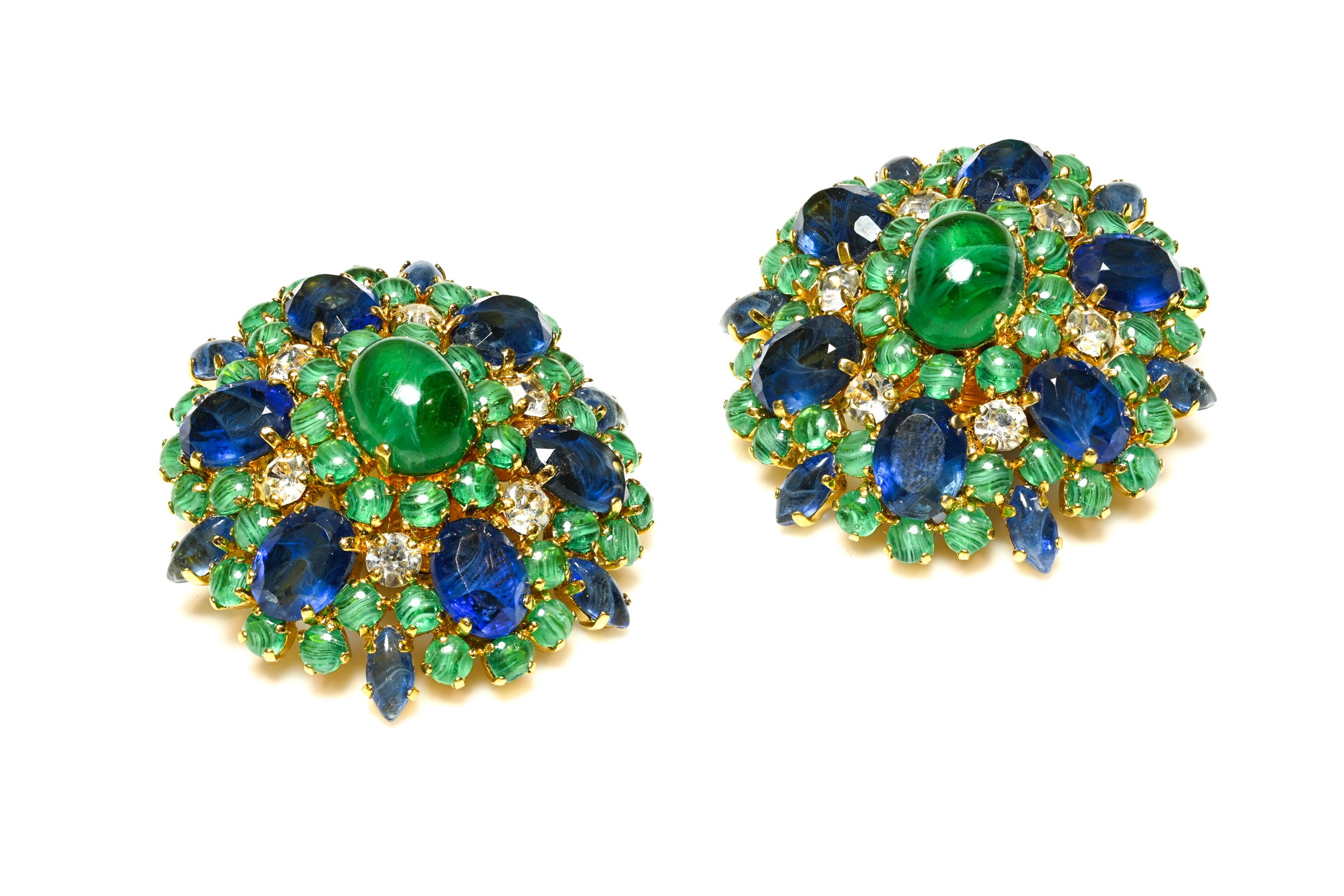 Vintage Christian Dior Paris 1970 Green Blue Cabochon Glass Crystal Earrings 1