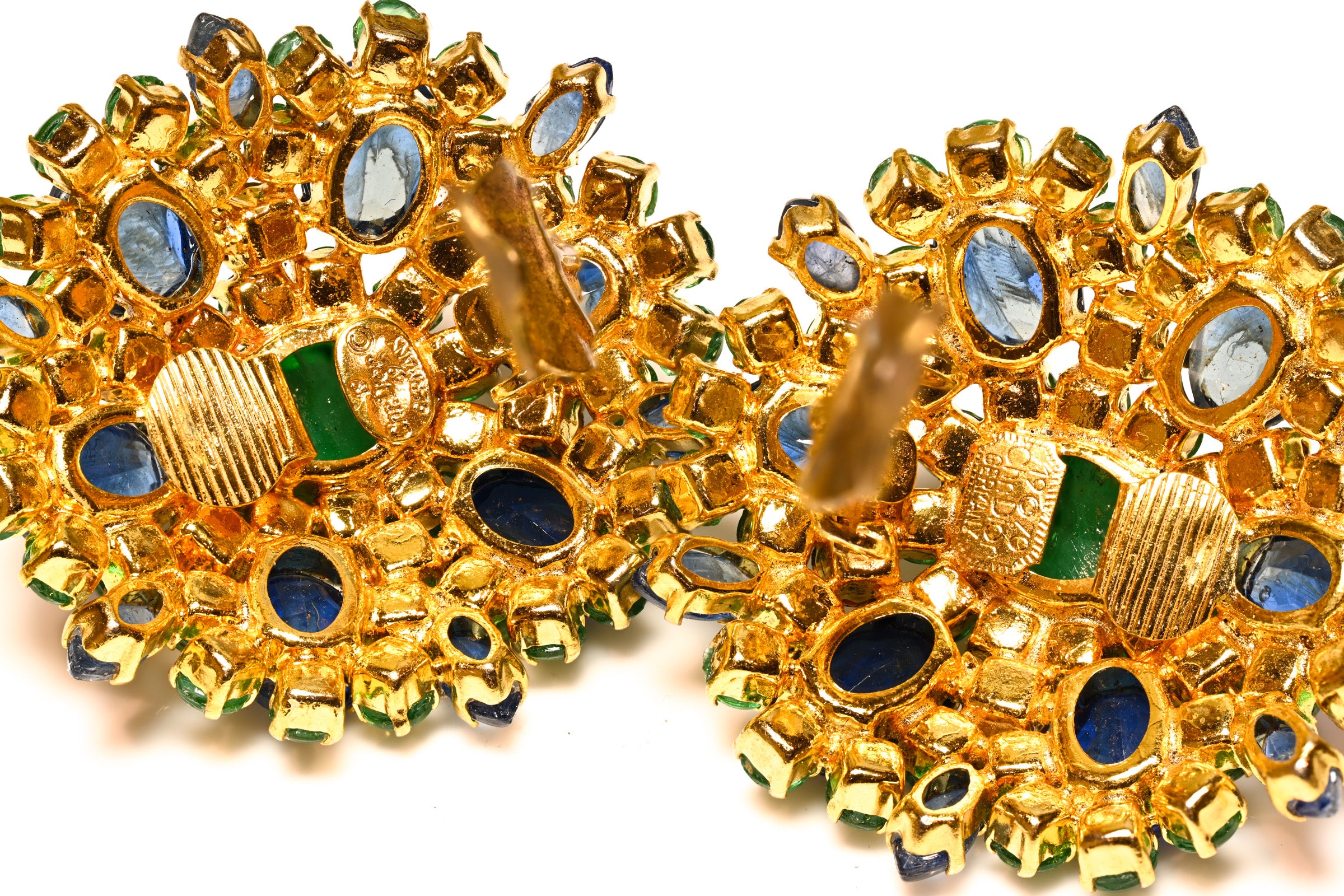 Vintage Christian Dior Paris 1970 Green Blue Cabochon Glass Crystal Earrings 3