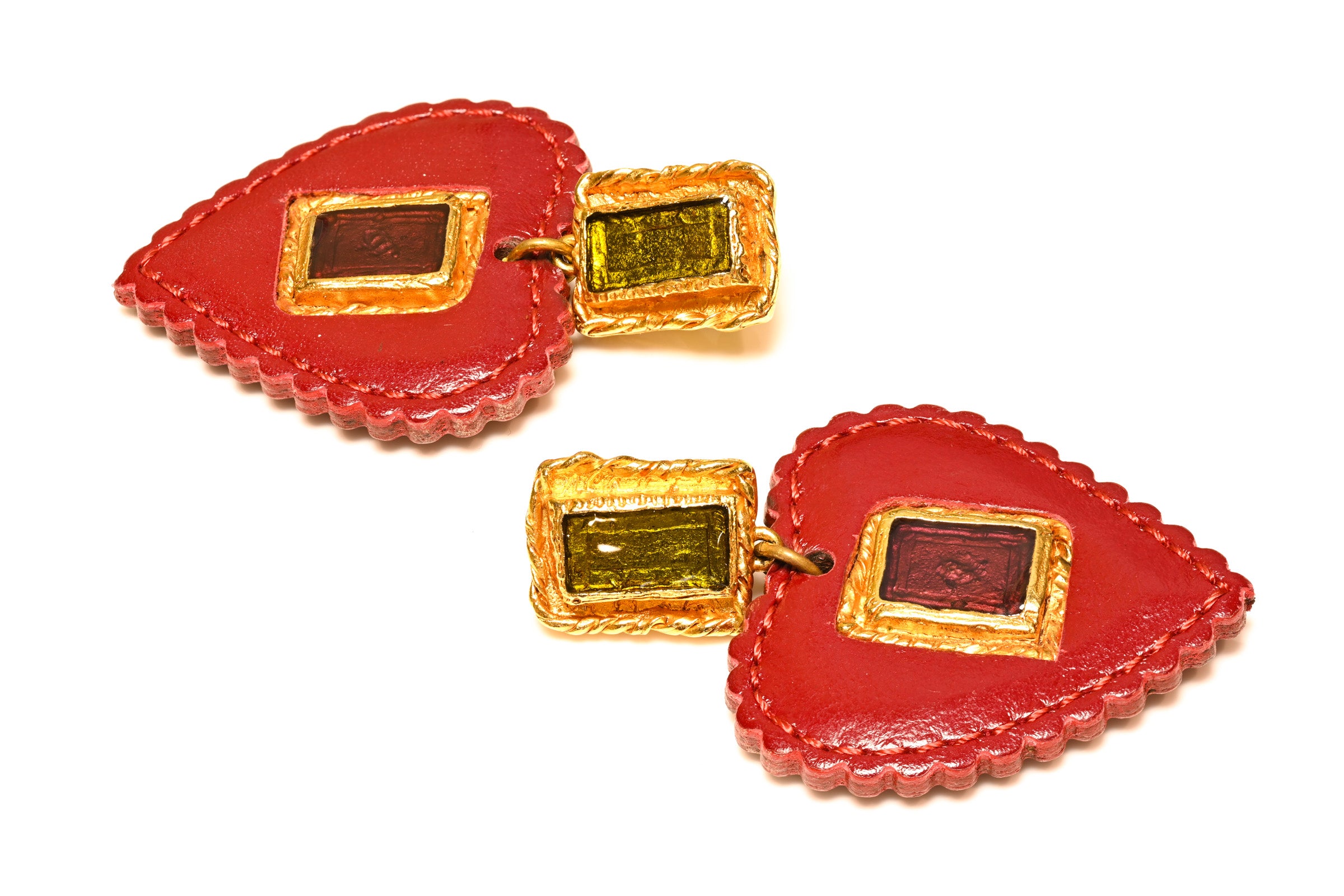 Vintage Christian Lacroix Paris Red Leather Glass Heart Earrings