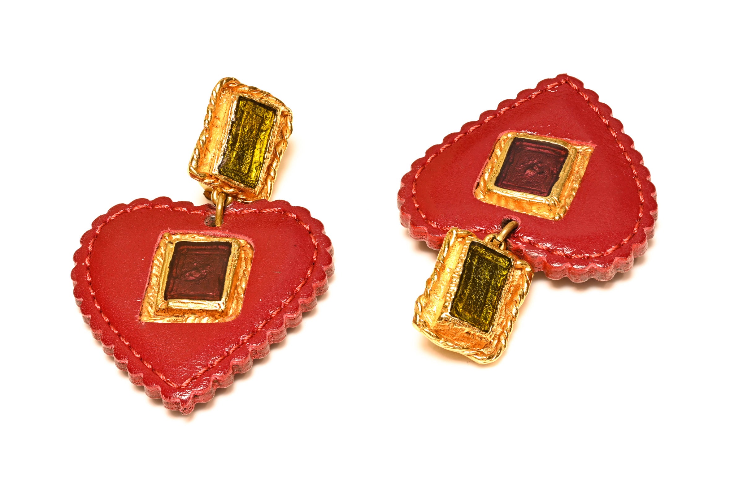 Vintage Christian Lacroix Paris Red Leather Glass Heart Earrings 1