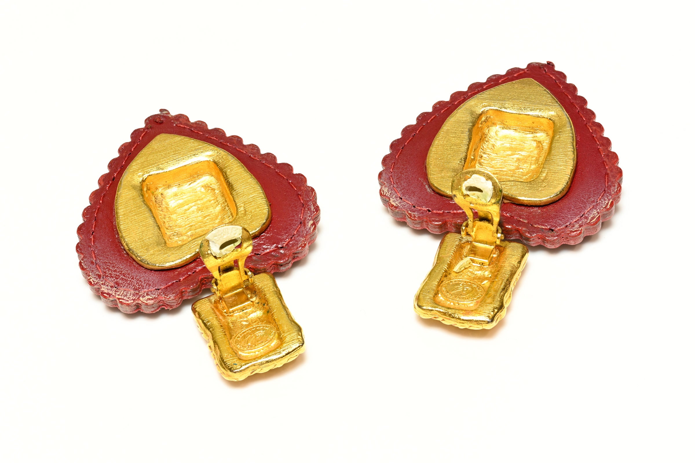 Vintage Christian Lacroix Paris Red Leather Glass Heart Earrings 2