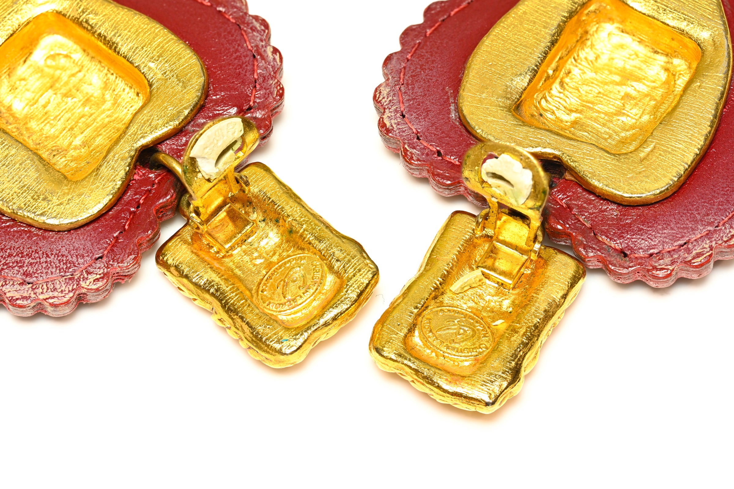 Vintage Christian Lacroix Paris Red Leather Glass Heart Earrings 3