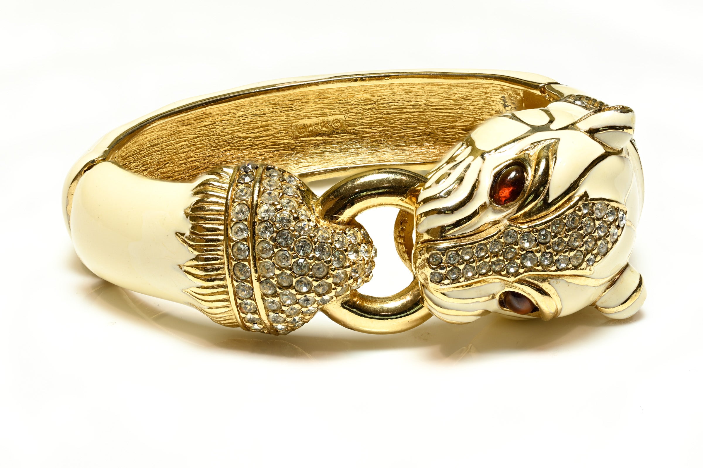 Vintage Ciner White Enamel Crystal Panther Bangle Bracelet 1