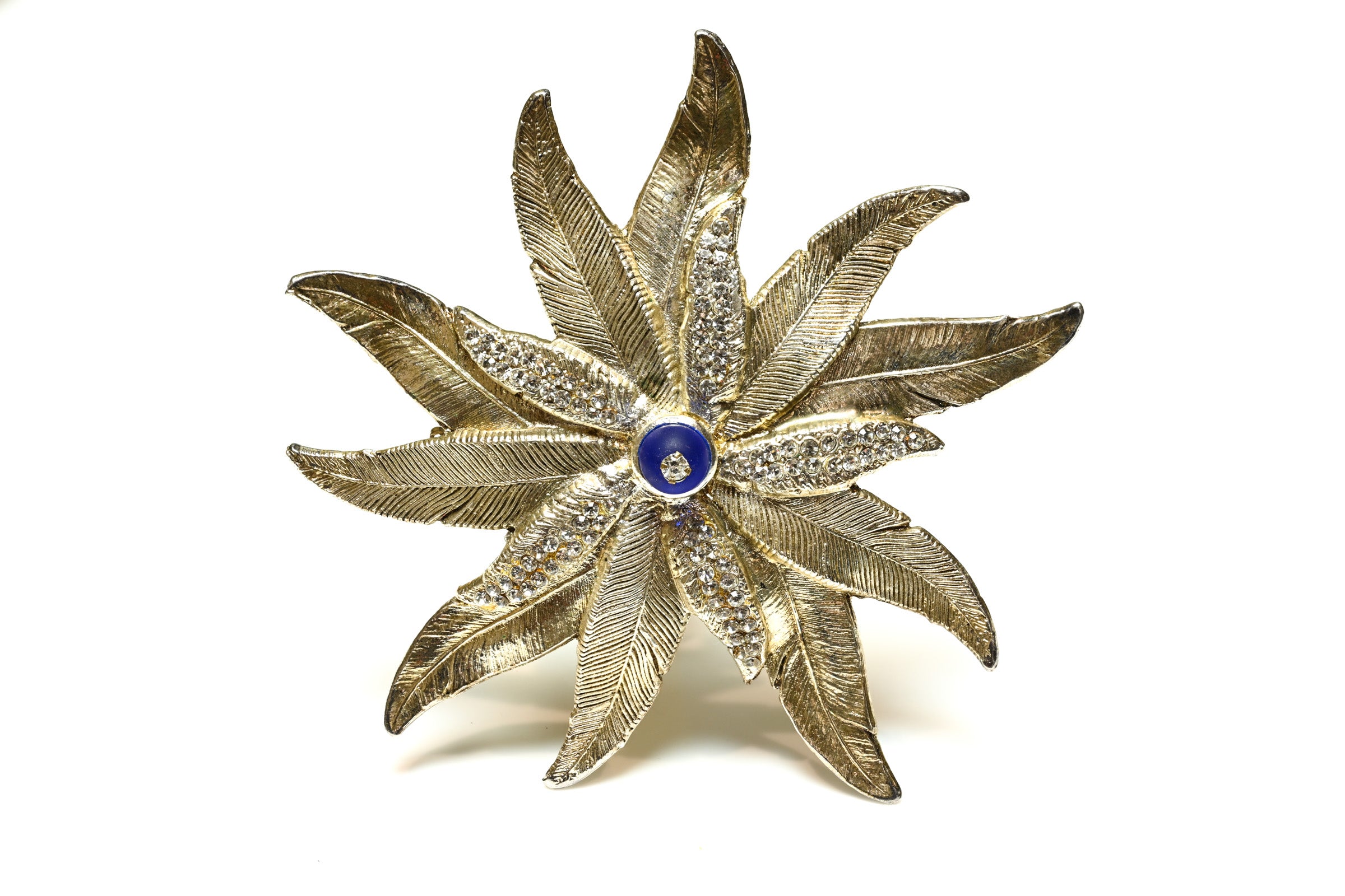 Vintage Claire Deve Paris Silver Tone Blue Glass Large Flower Brooch