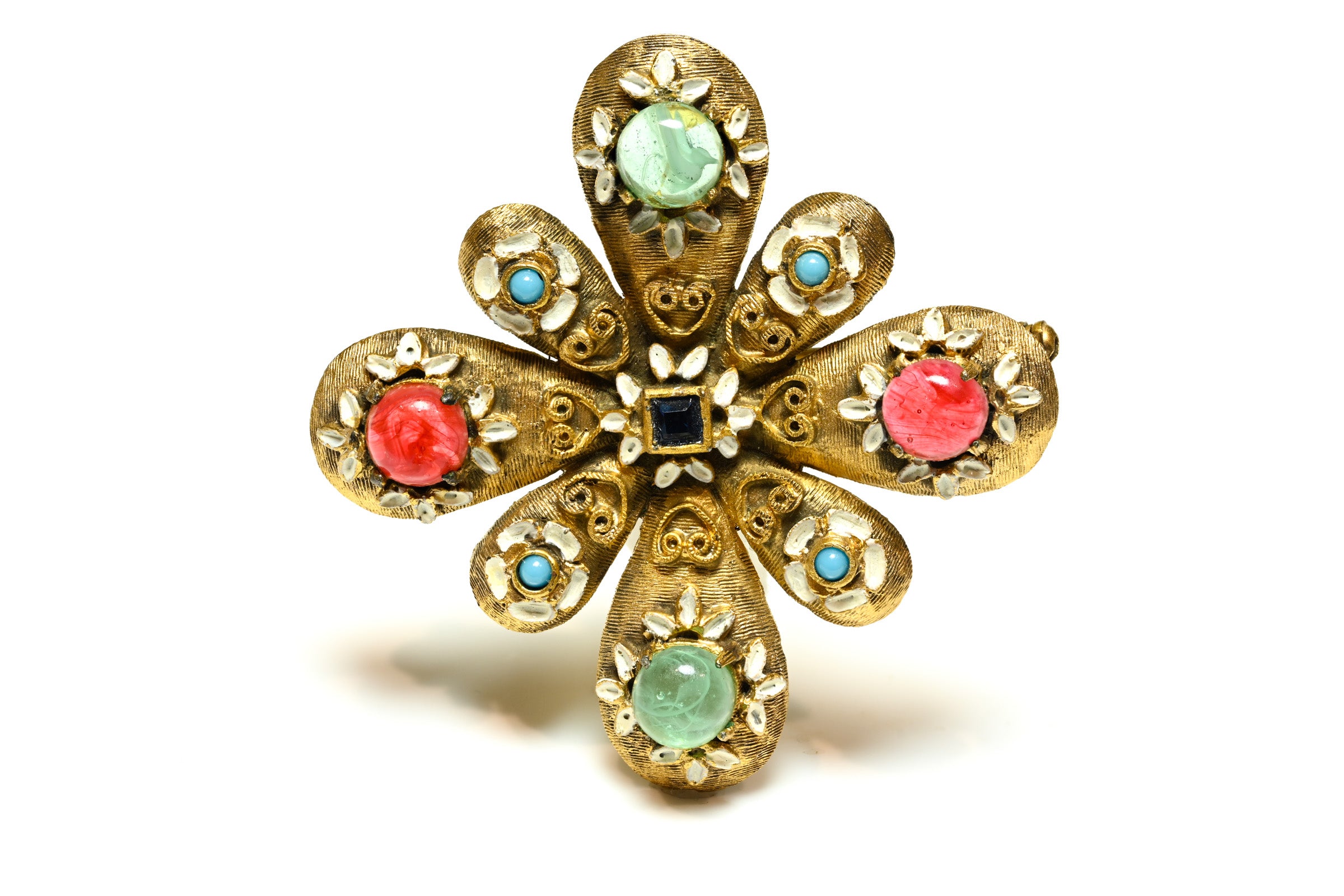 Vintage DeNicola Green Red Cabochon Glass Enamel Cross Pendant Brooch