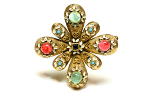 Vintage DeNicola Green Red Cabochon Glass Enamel Cross Pendant Brooch