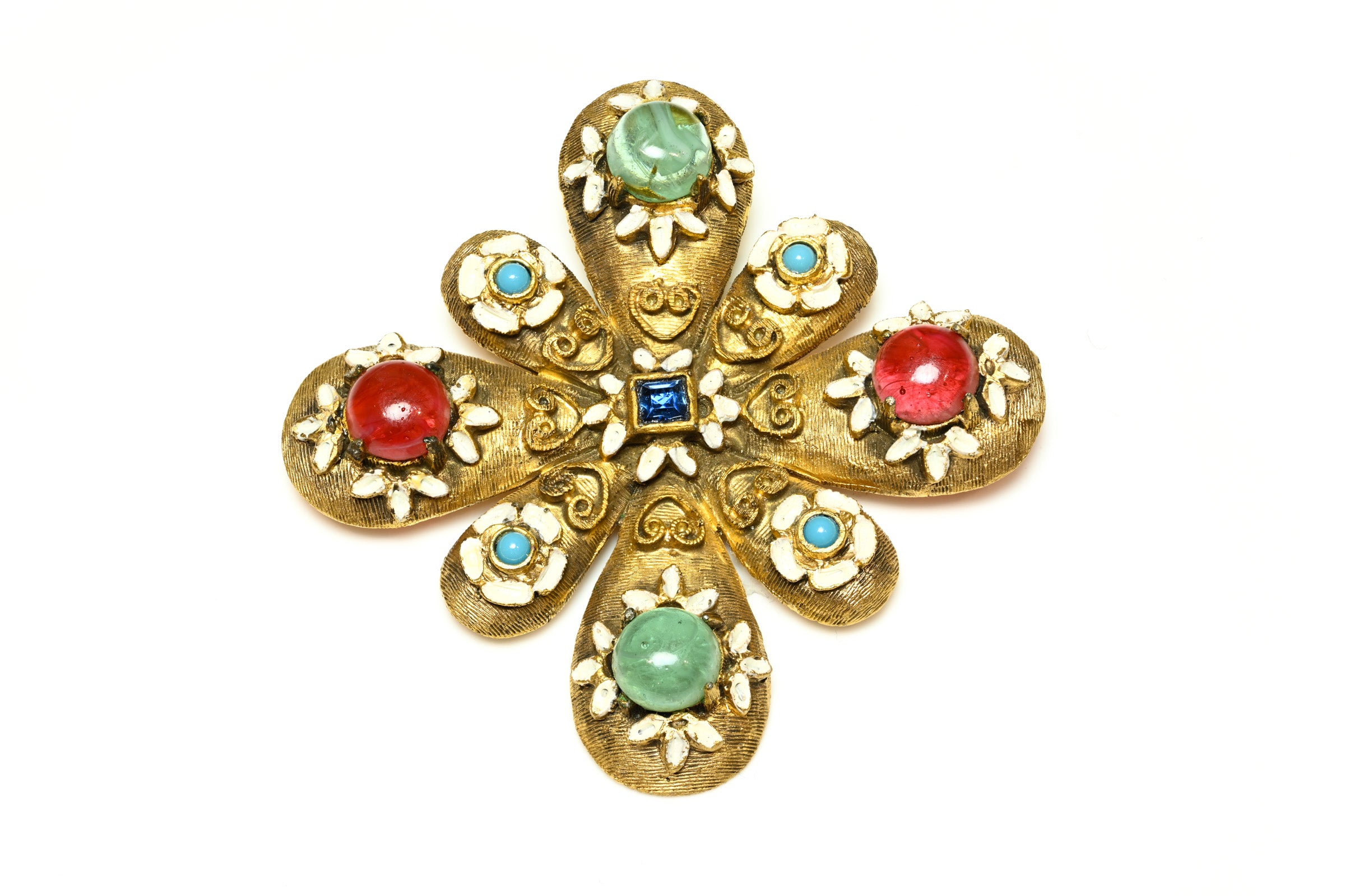 Vintage DeNicola Green Red Cabochon Glass Enamel Cross Pendant Brooch 1