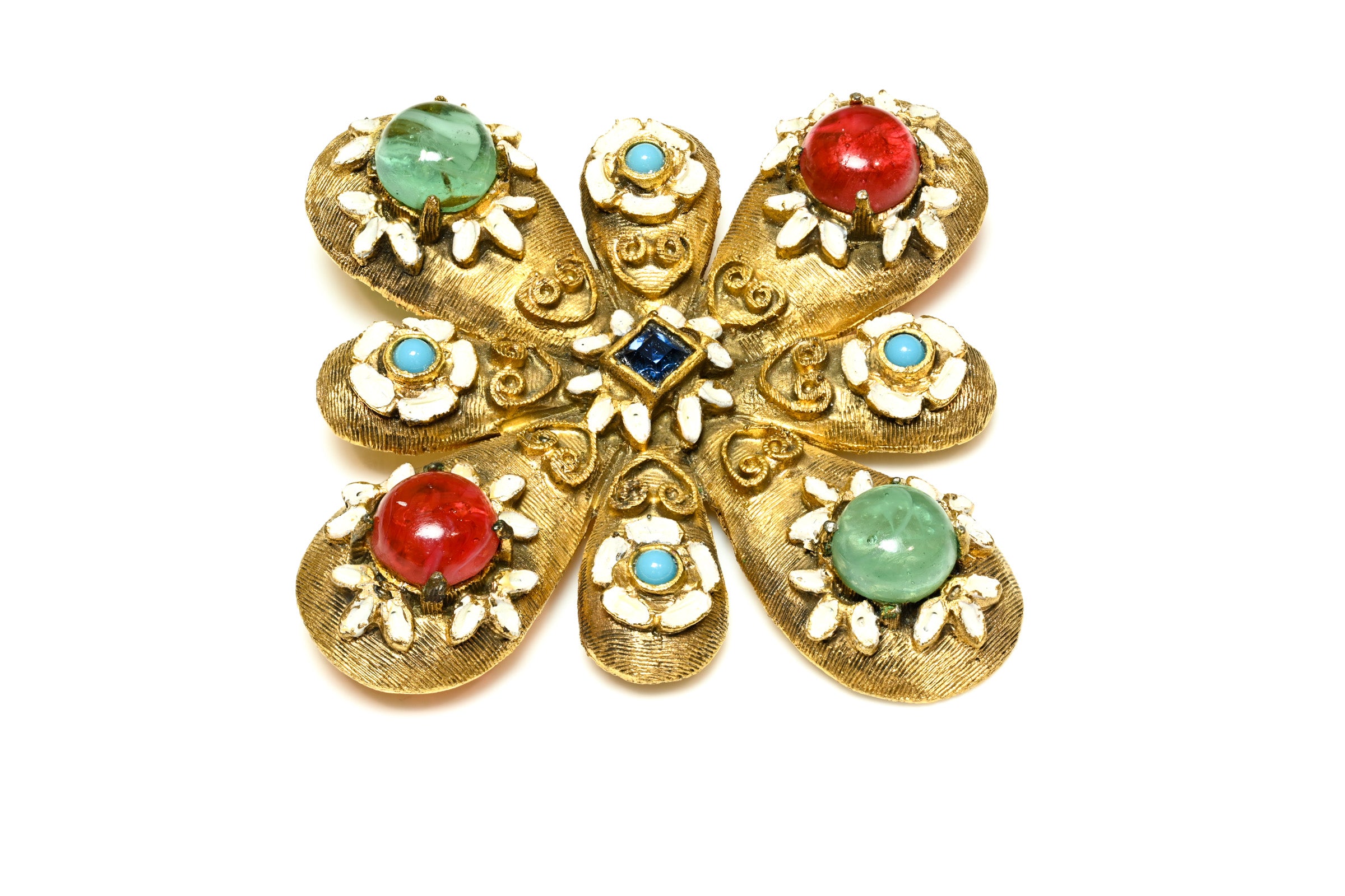 Vintage DeNicola Green Red Cabochon Glass Enamel Cross Pendant Brooch 2