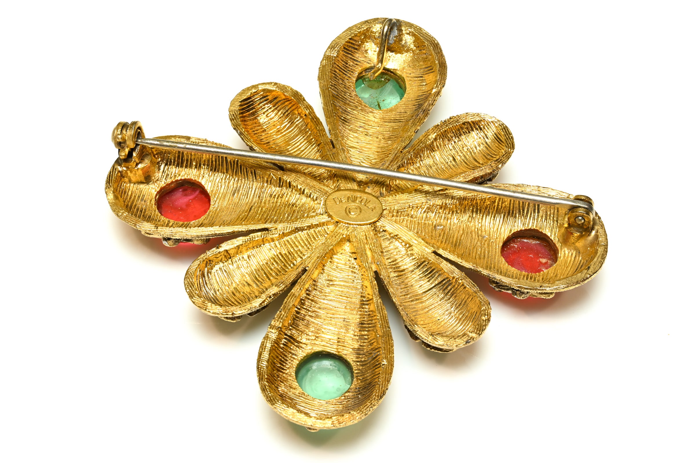 Vintage DeNicola Green Red Cabochon Glass Enamel Cross Pendant Brooch 3