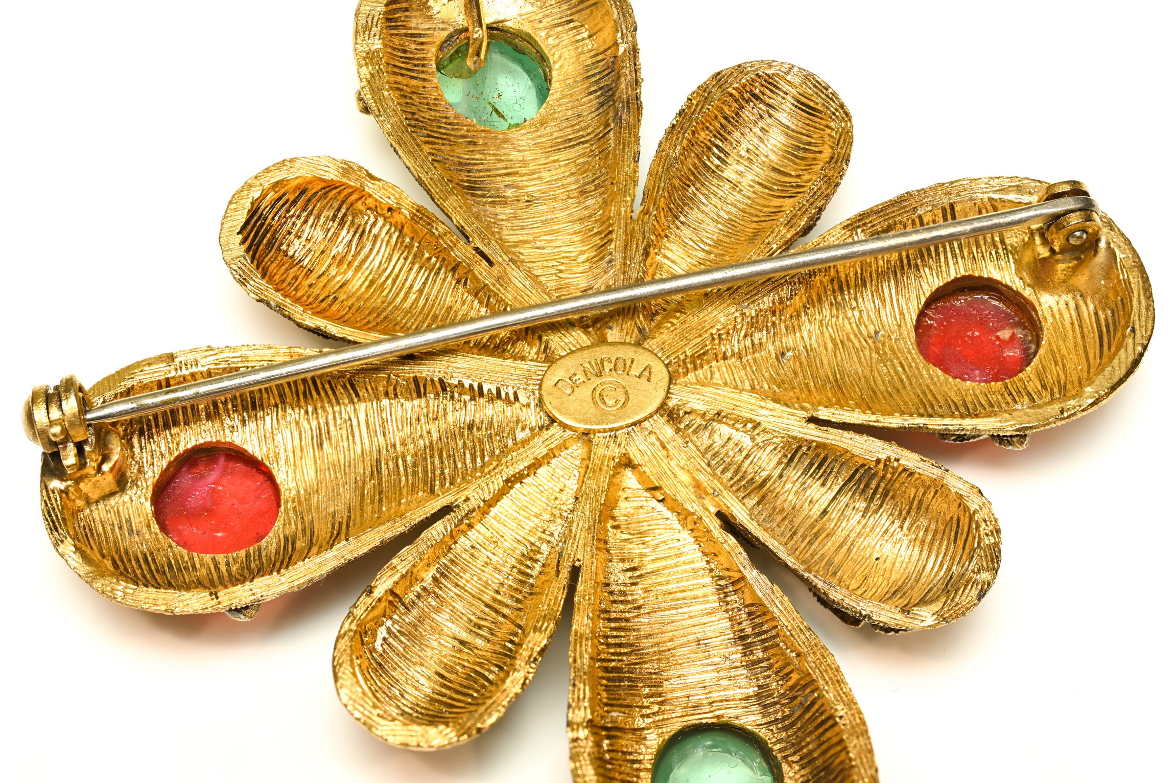 Vintage DeNicola Green Red Cabochon Glass Enamel Cross Pendant Brooch 4