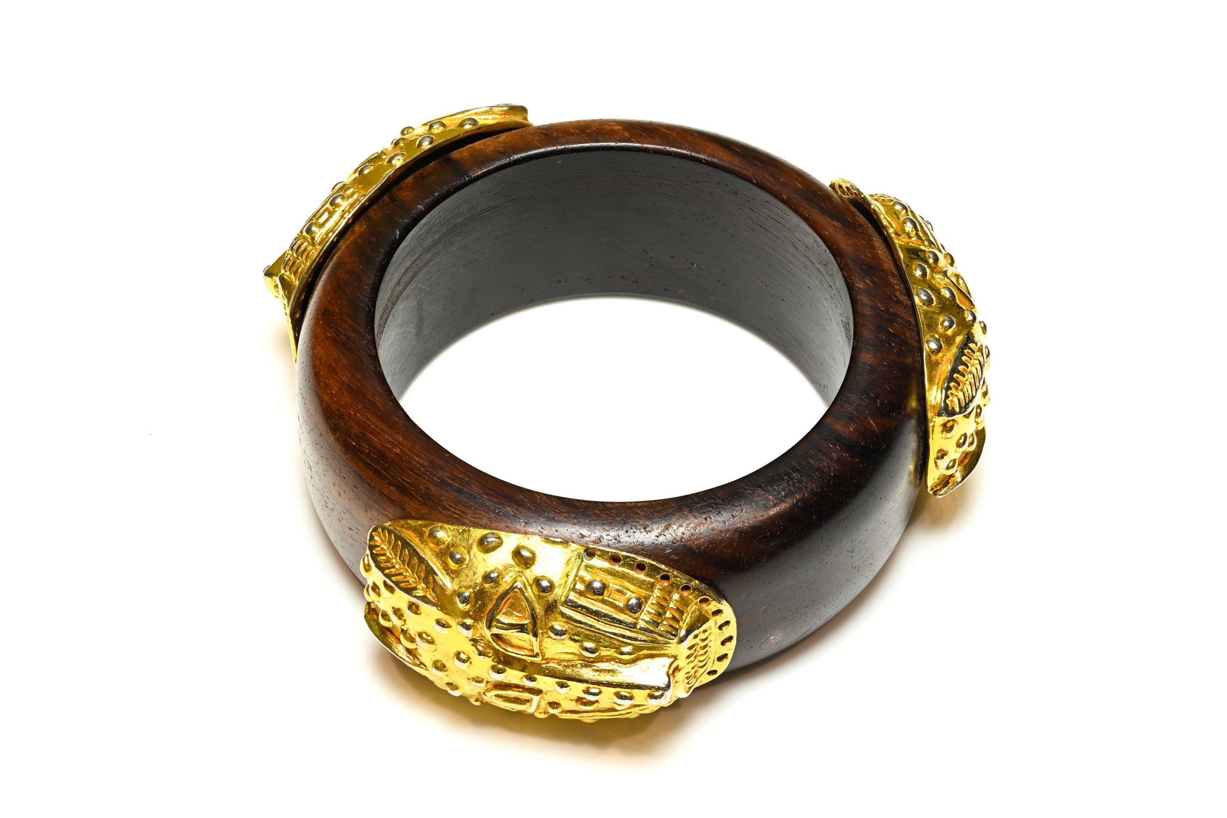 Vintage Dominique Aurientis Wood Leopard African Mask Bracelet 2