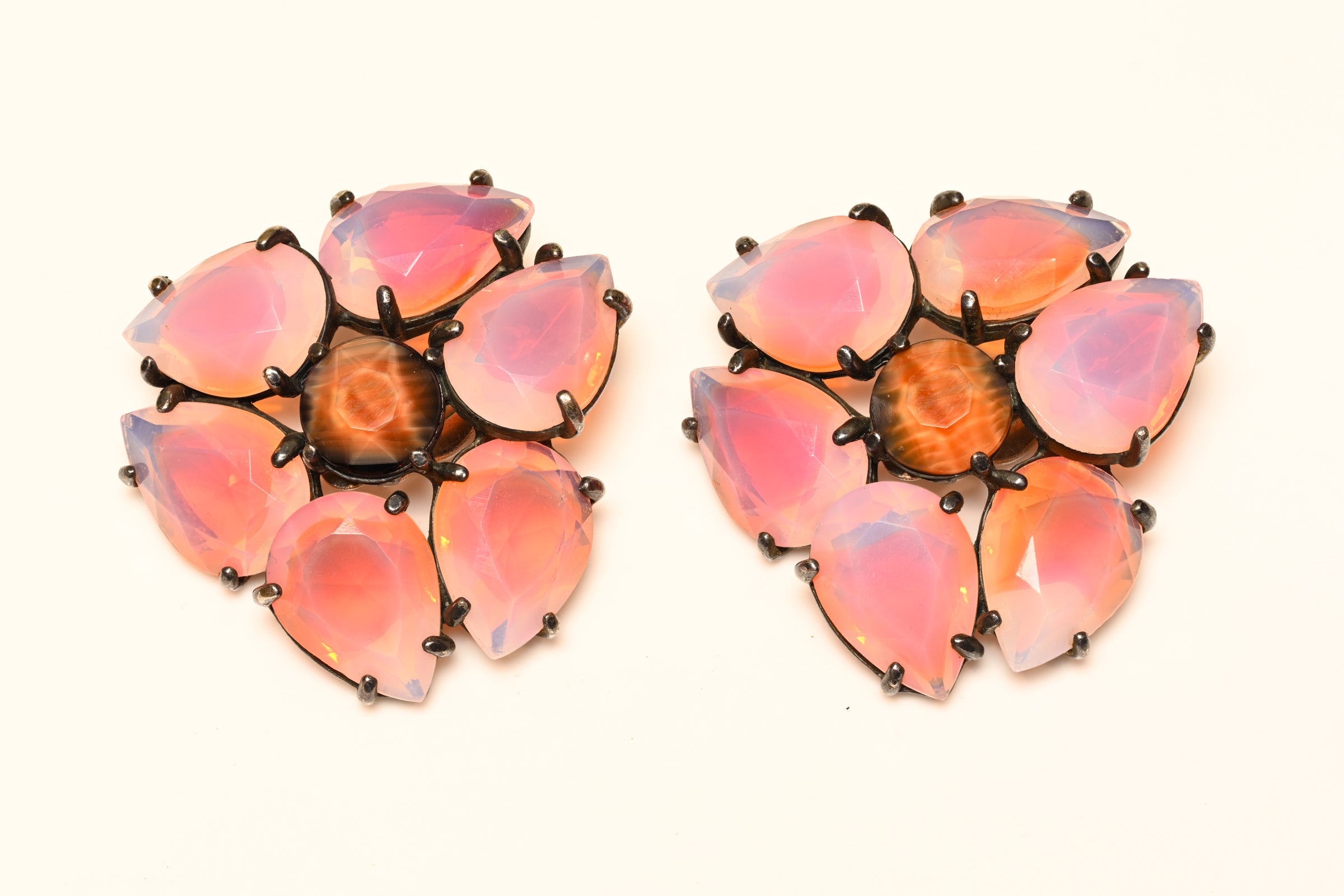 Vintage Elsa Schiaparelli Pink Watermelon Crystal Large Flower Earrings 2
