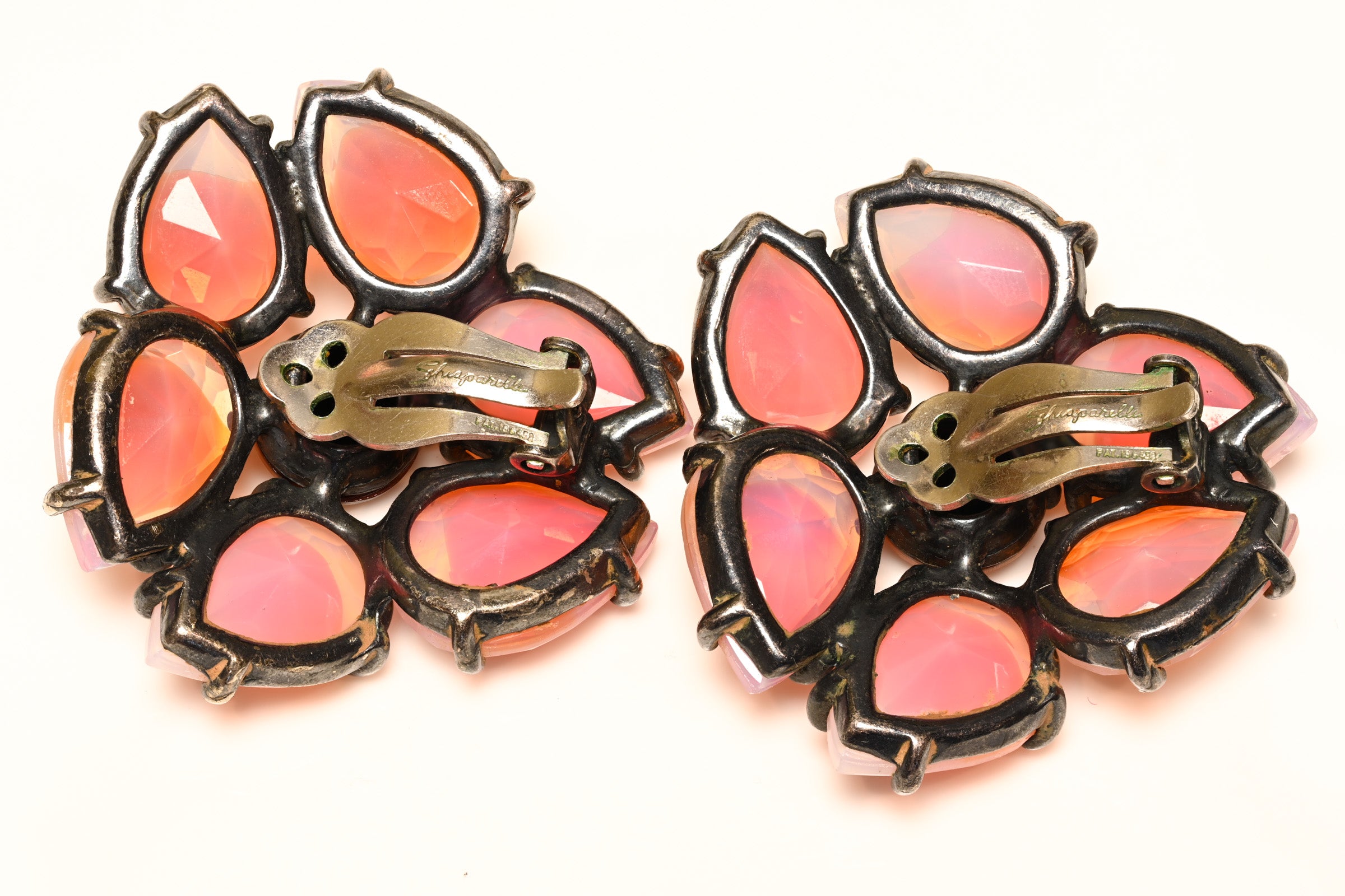 Vintage Elsa Schiaparelli Pink Watermelon Crystal Large Flower Earrings 3