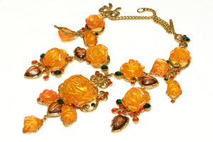Vintage Emanuel Ungaro Couture Orange Resin Crystal Flower Necklace