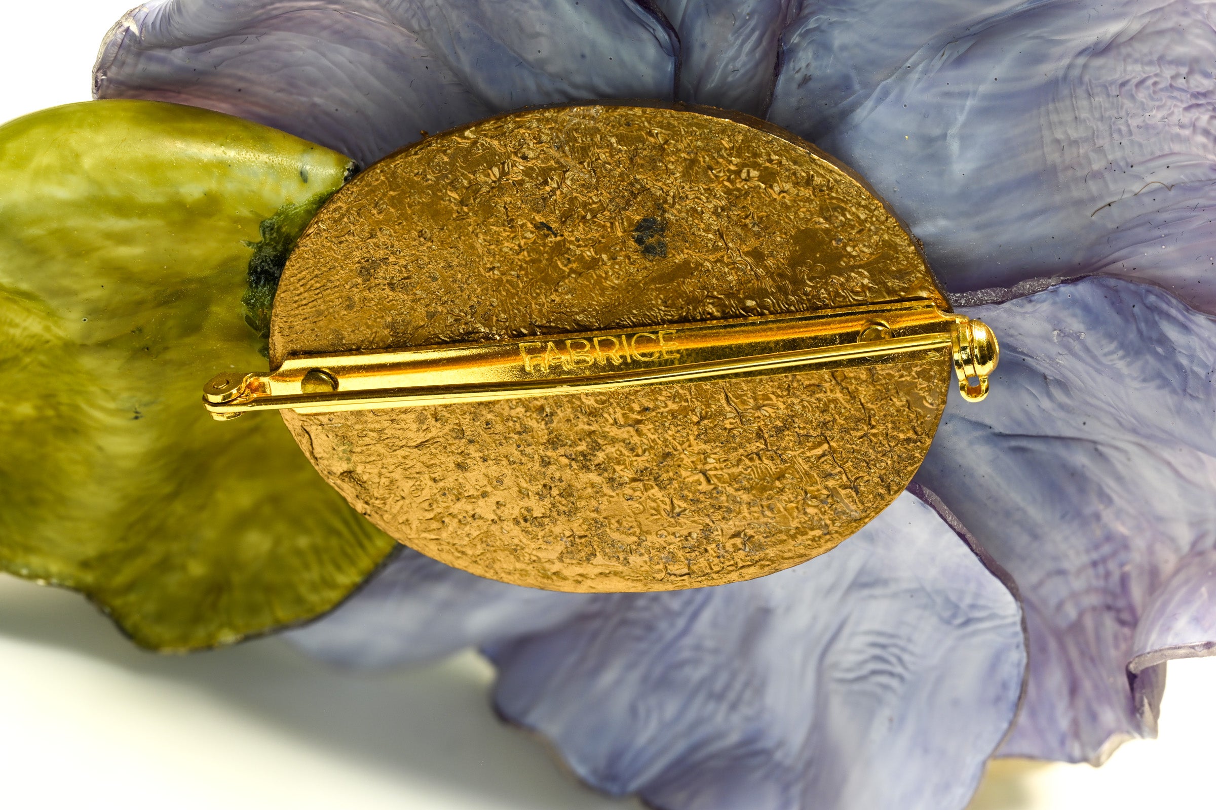 Vintage Fabrice Paris Large Purple Blue Resin Flower Brooch signature