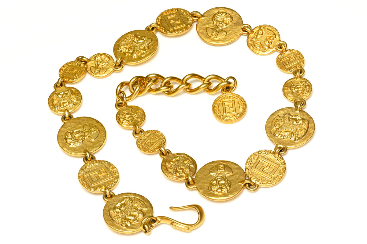 Vintage Fendi Gold Plated Logo Coin Collar Necklace 1