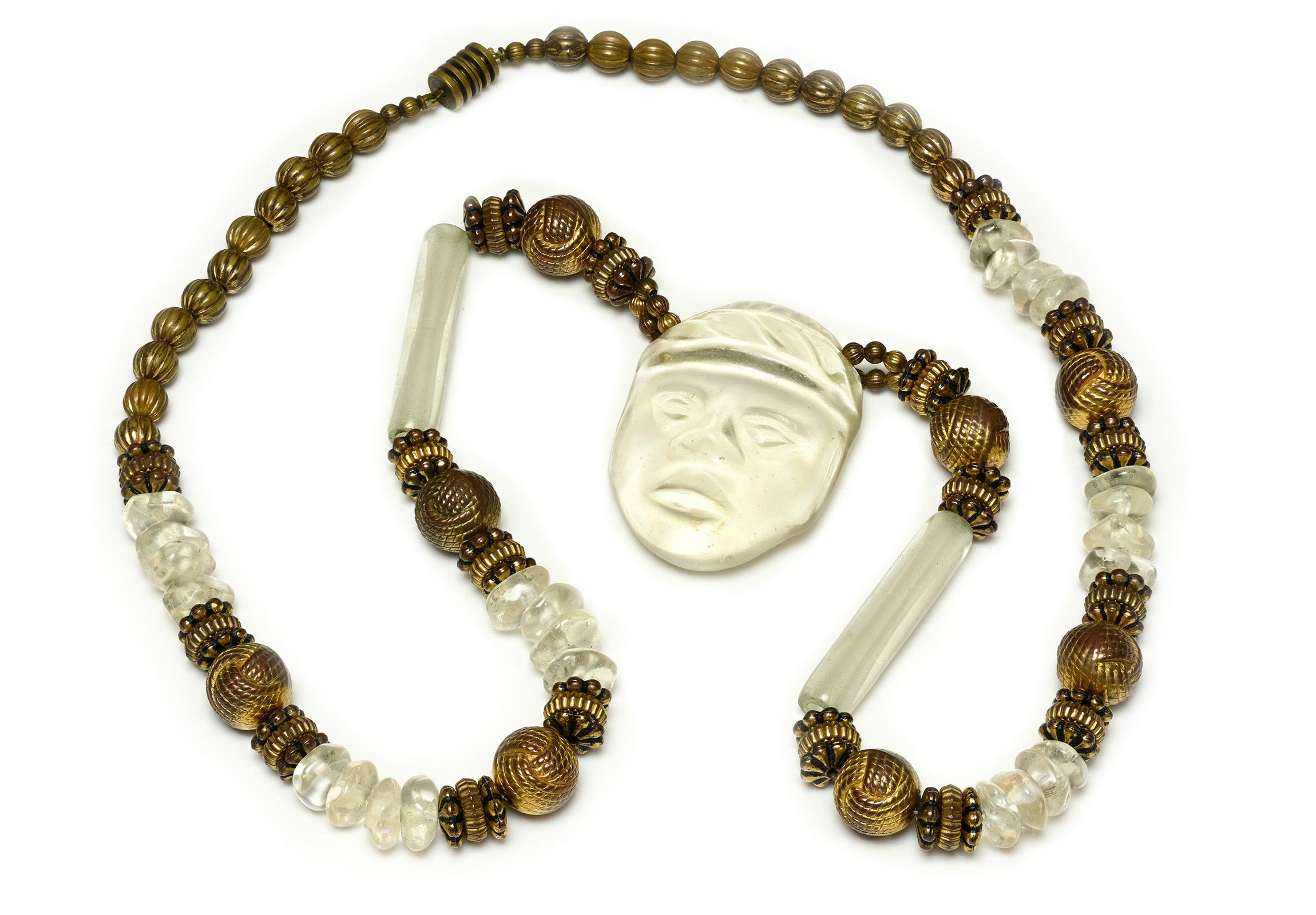 Vintage French Glass Carved Face Beads Necklace