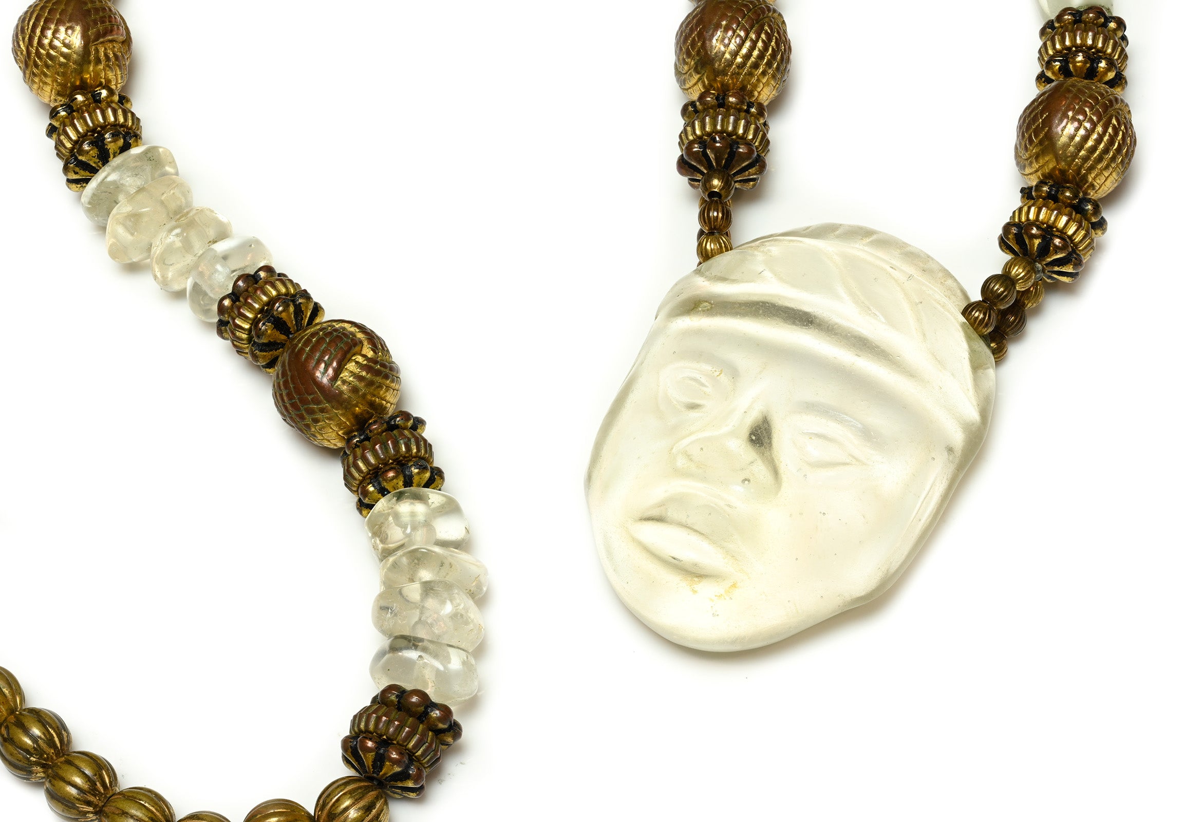 French Glass Carved Face Beads Necklace