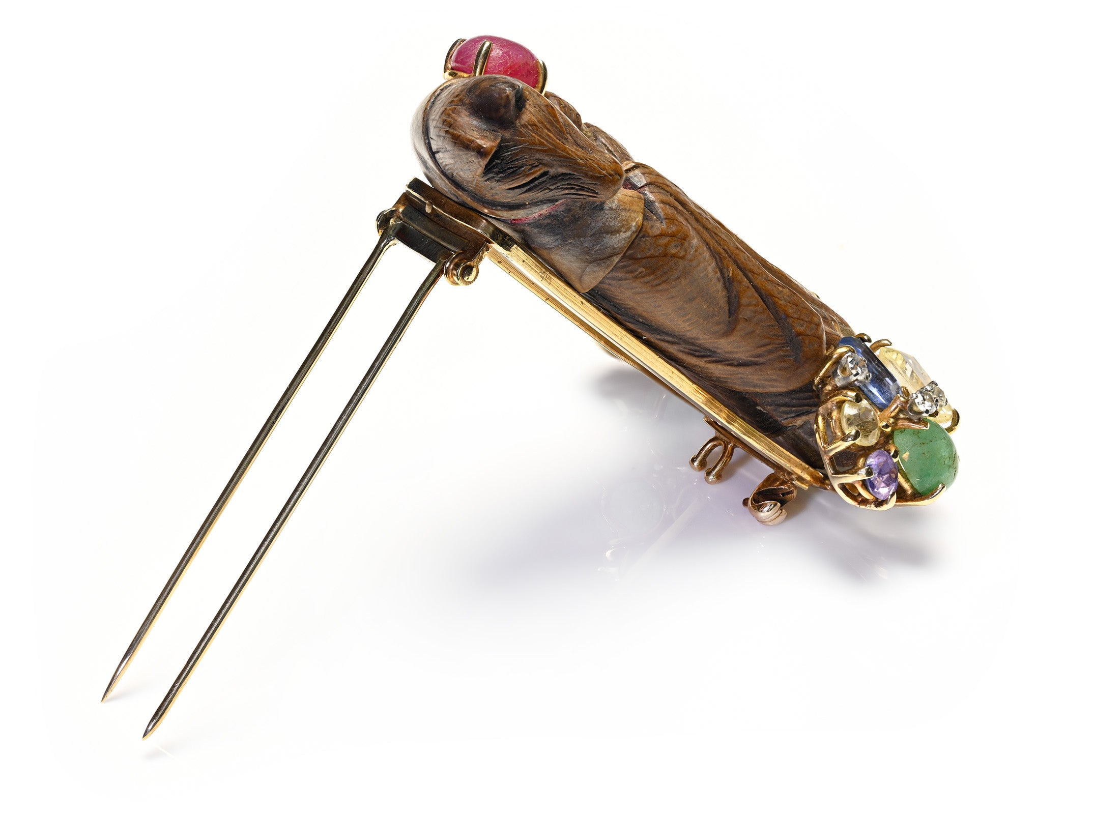 Vintage Gemstone & Japanese Carved Wood Wolf Clip Brooch