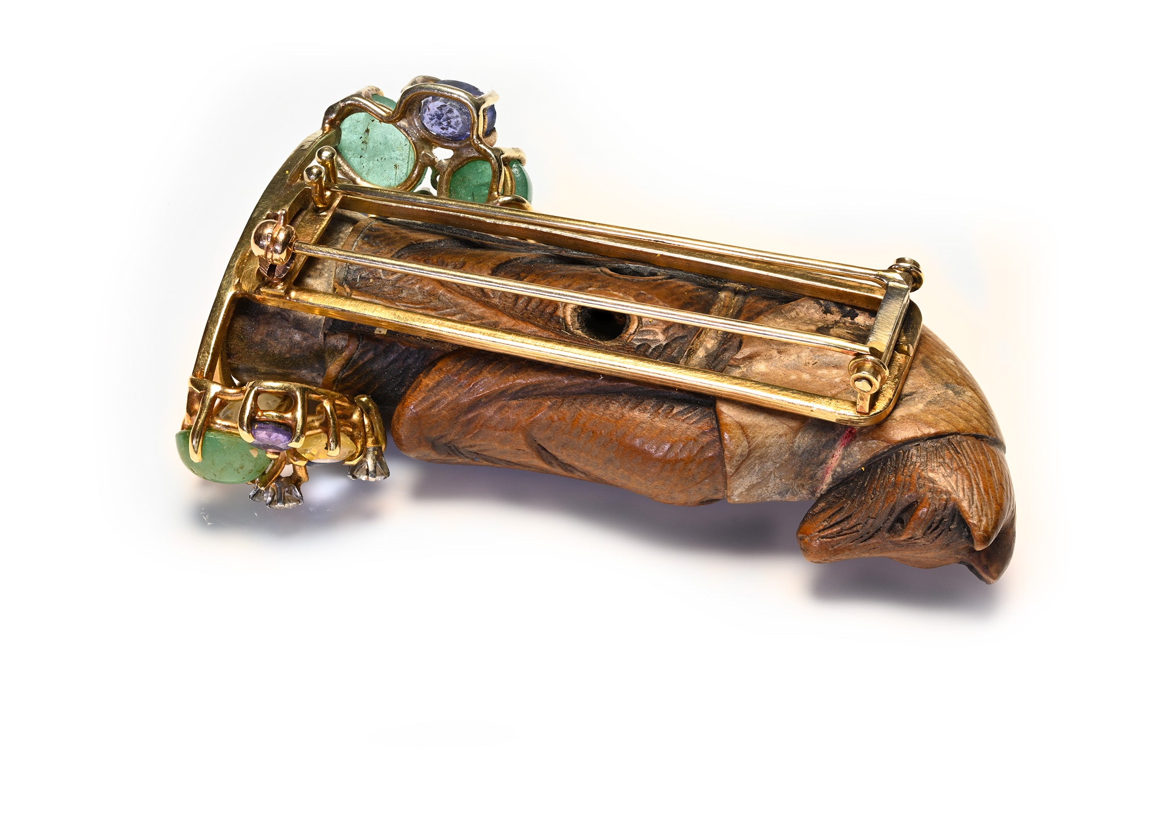 Vintage Gemstone & Japanese Carved Wood Wolf Clip Brooch