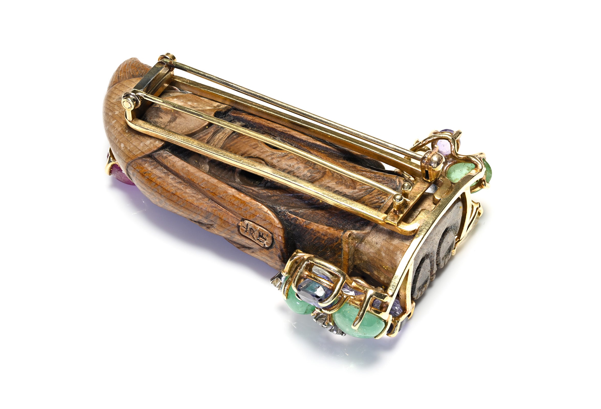 Vintage Gemstone & Japanese Carved Wood Wolf Clip Brooch