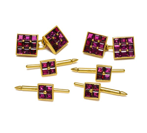 Vintage Gold Ruby Cufflinks and Complete 4 Stud Formal Set