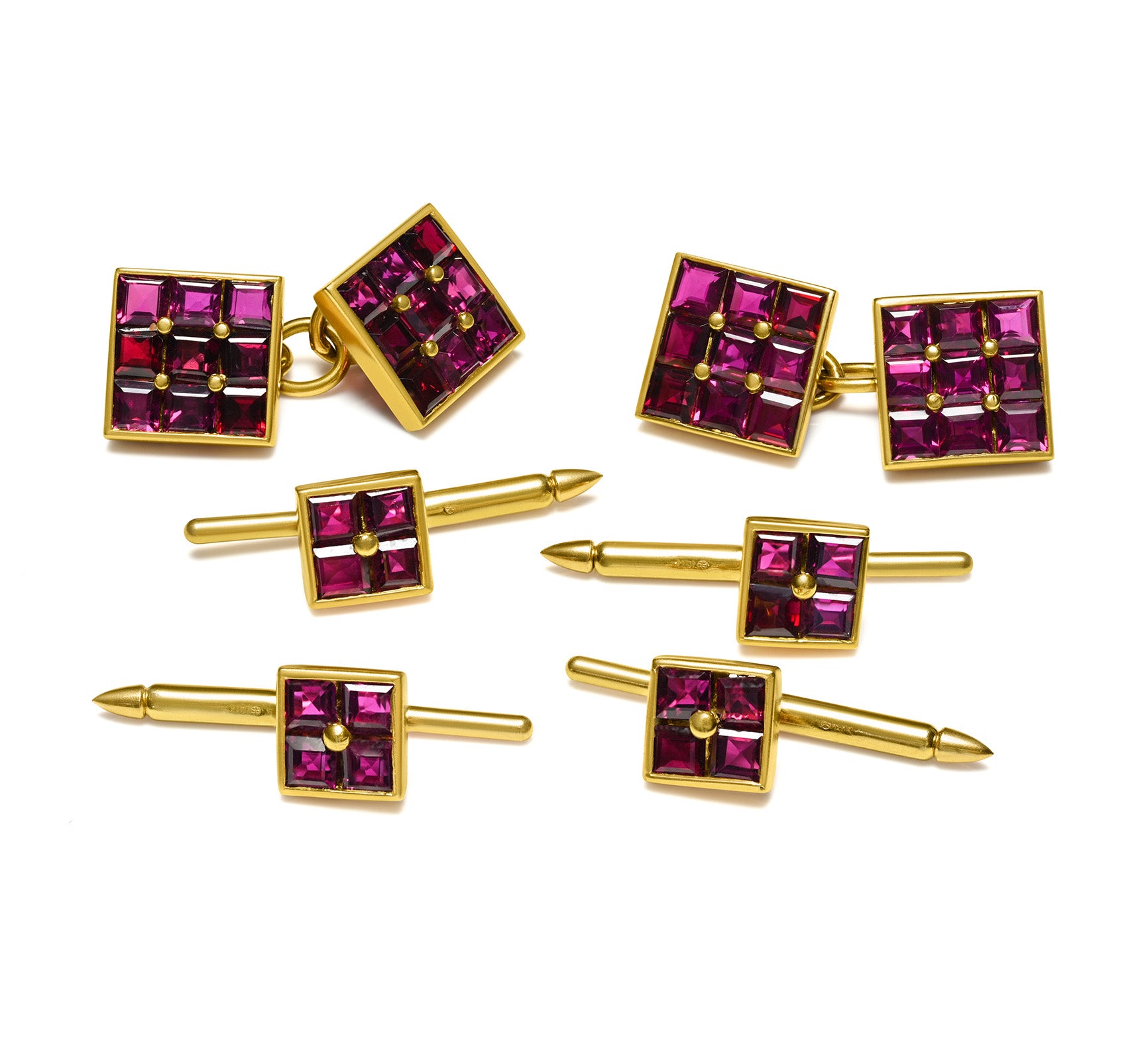 Vintage Gold Ruby Cufflinks and Complete 4 Stud Dress Set