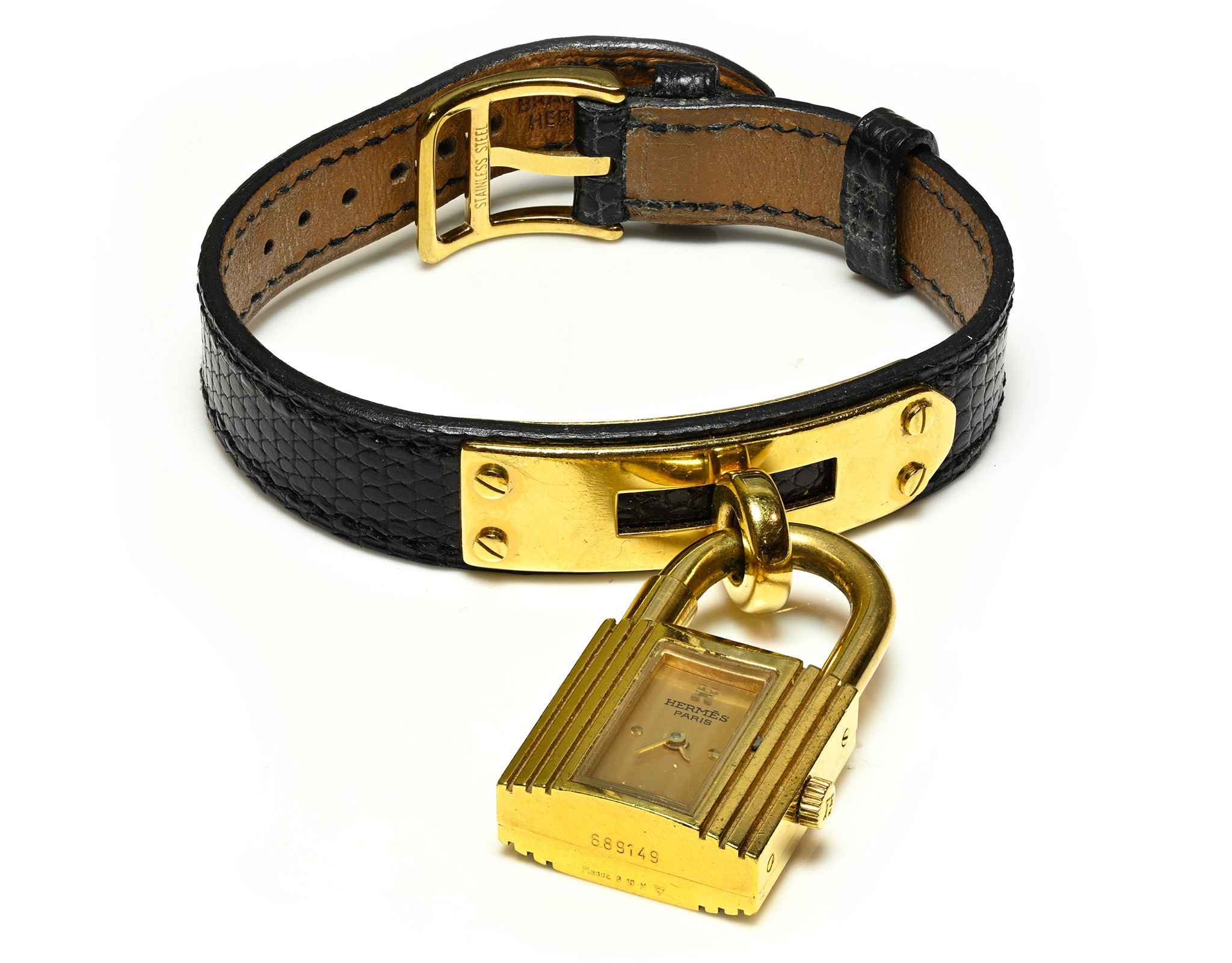 Vintage Hermès Kelly Cadena Watch Bracelet in Black Lizard