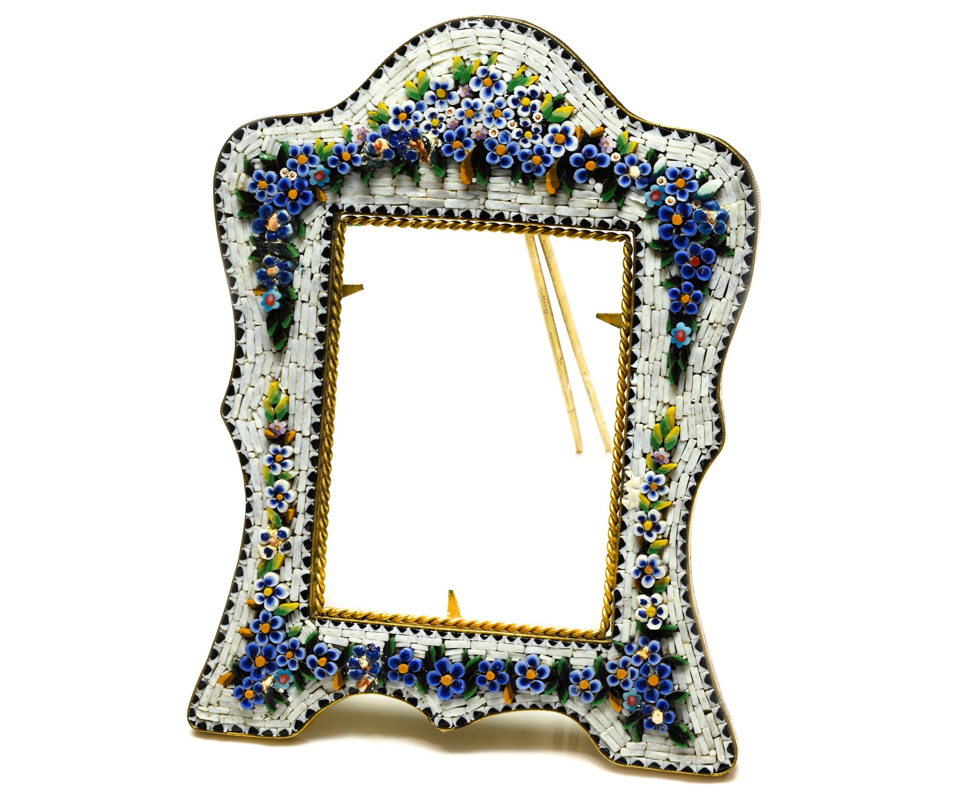 Vintage Italian Floral Micro-Mosaic Gilt Brass Picture Frame