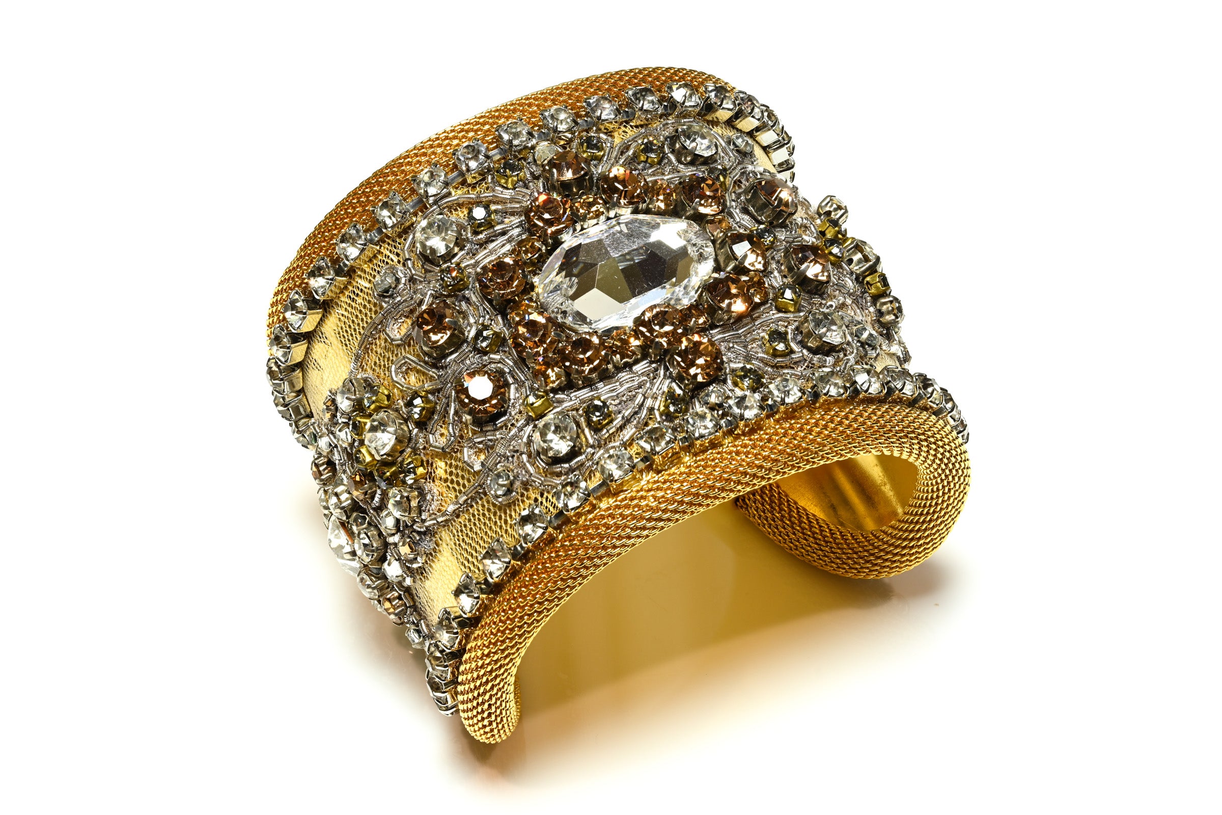 Vintage Jose & Maria Barrera Wide Metal Mesh Crystal Cuff Bracelet