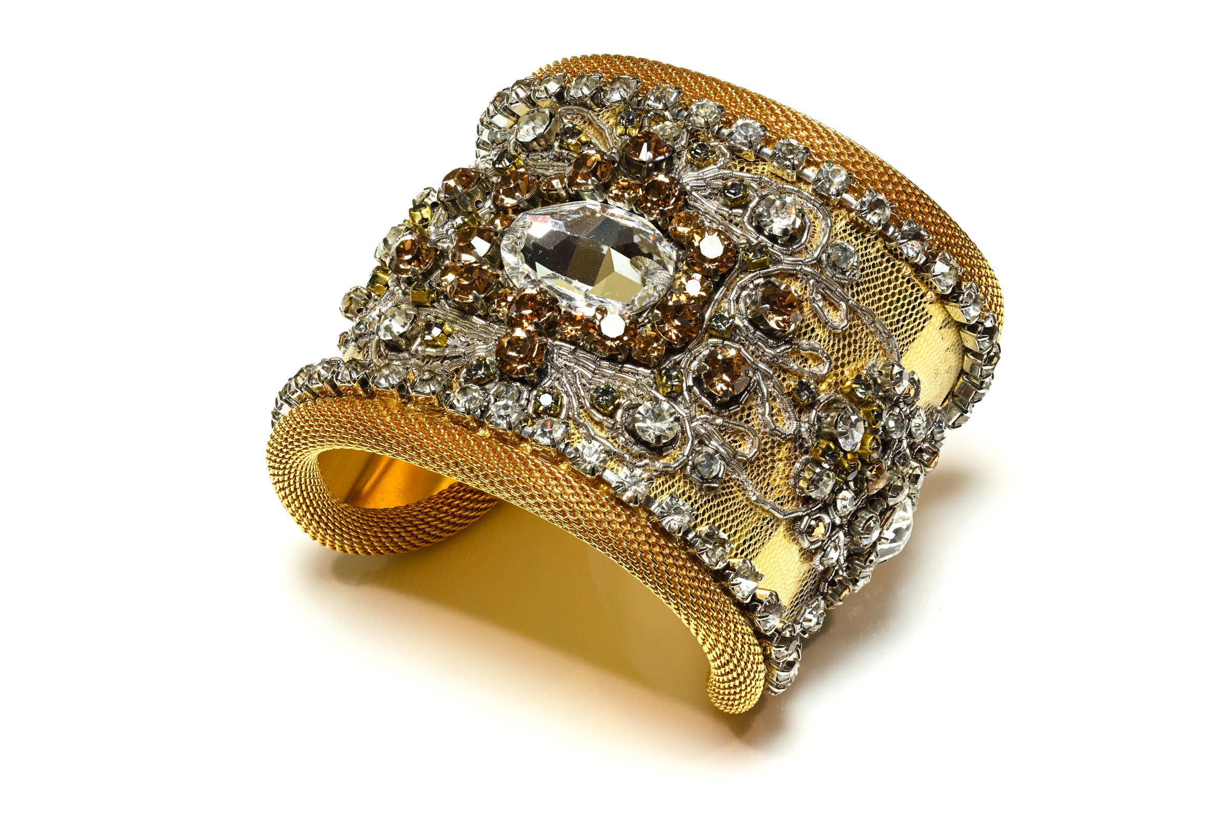 Vintage Jose & Maria Barrera Wide Metal Mesh Crystal Cuff Bracelet 2